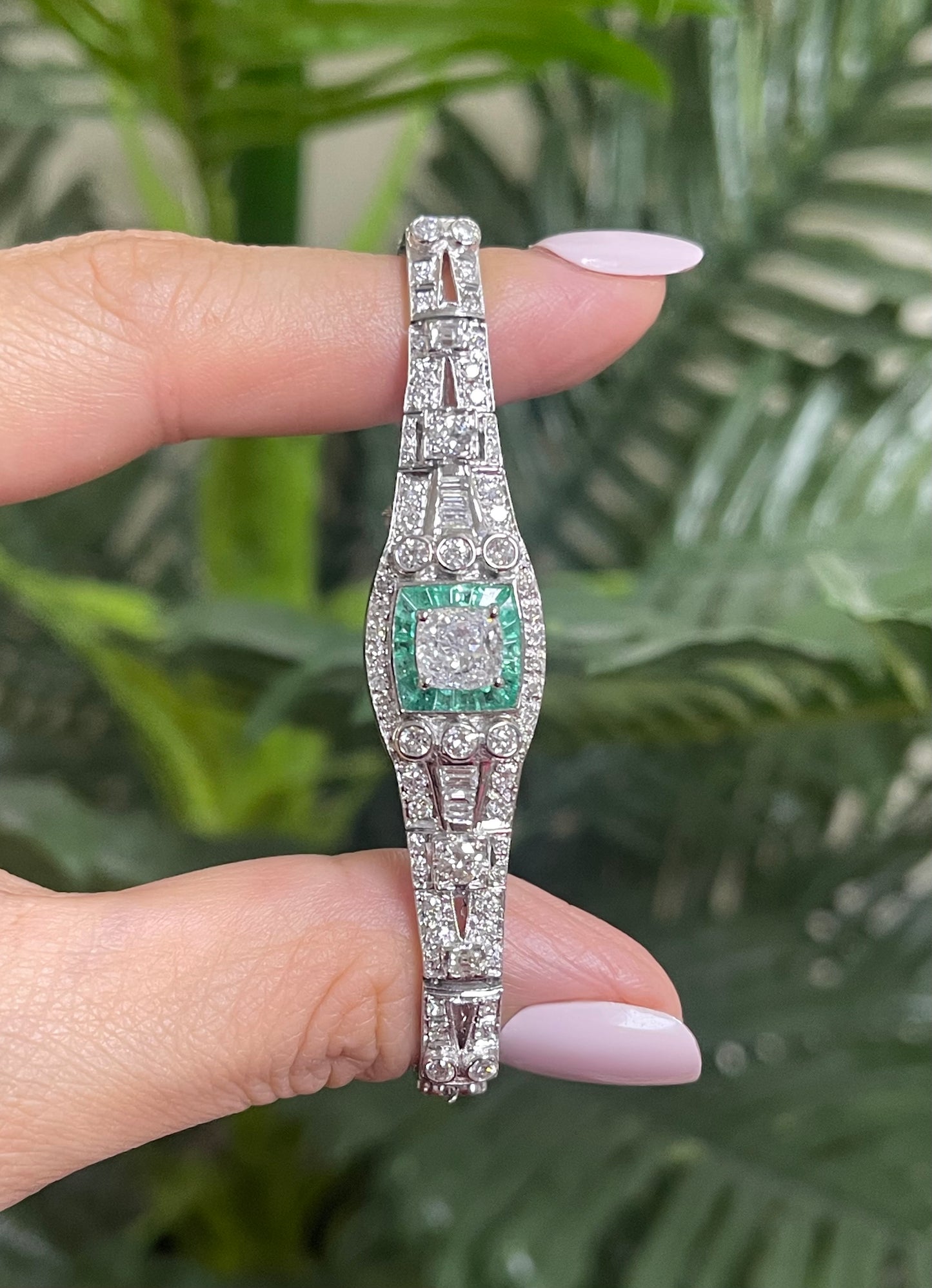 One Of A Kind Antique Conversion 4.5ct Natural Mix Cut Diamond & Emerald Bracelet In 950 Platinum