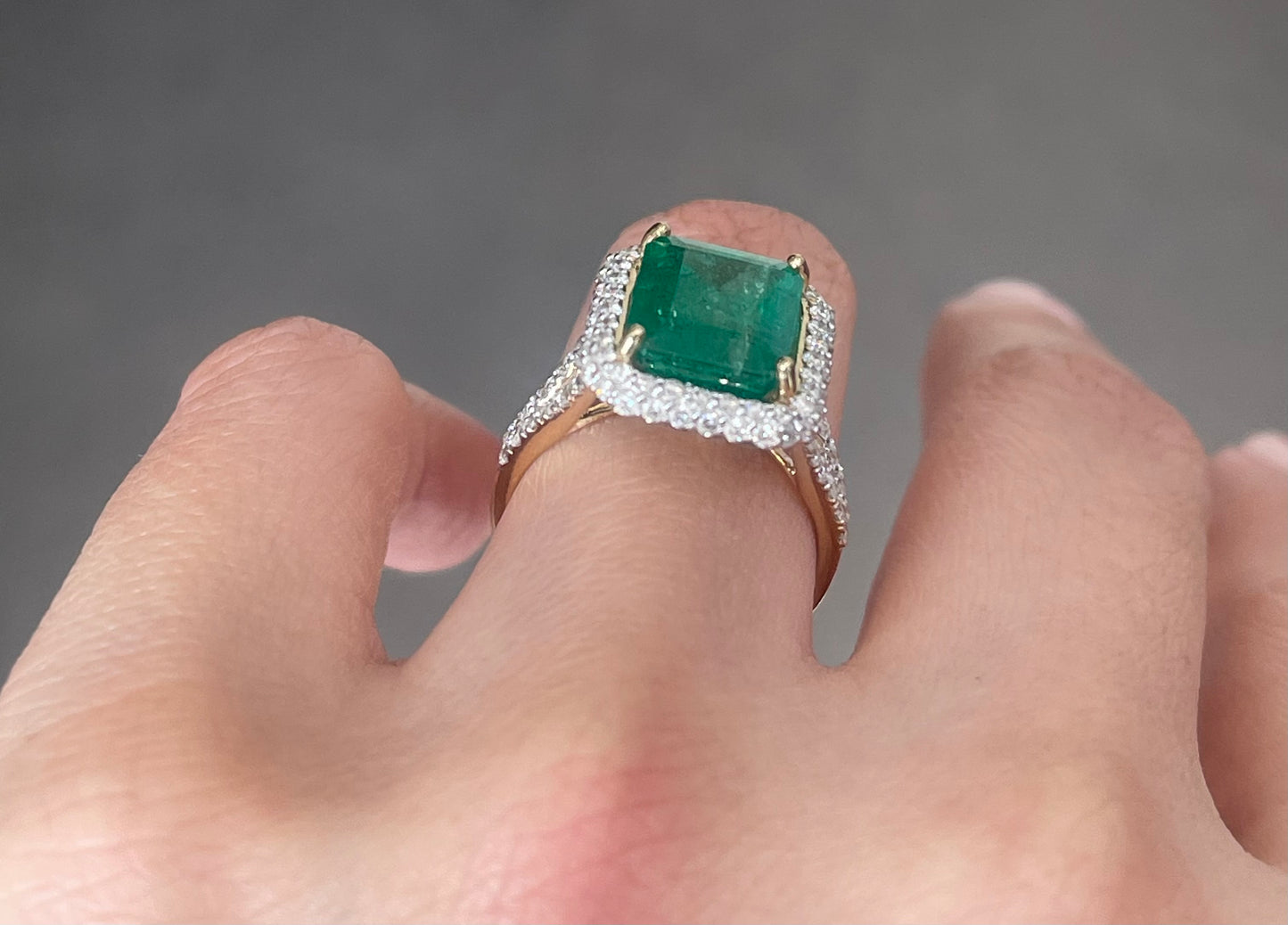 4.21ct Natural Emerald Diamond Halo Ring In 14ct Yellow Gold