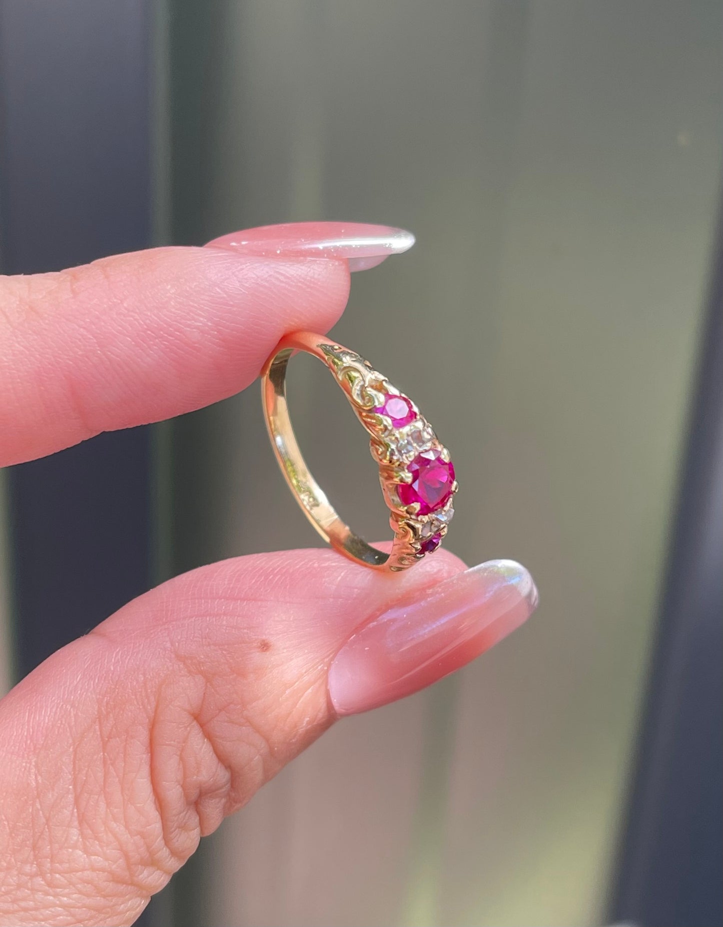 Vintage Handmade Pink Ruby & Antique Rose Cut Diamond Ring in 18ct Yellow Gold