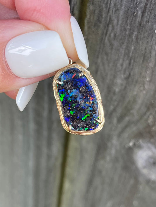 S.E. Custom Freeform Australian Opal pendant In 9ct Yellow Gold