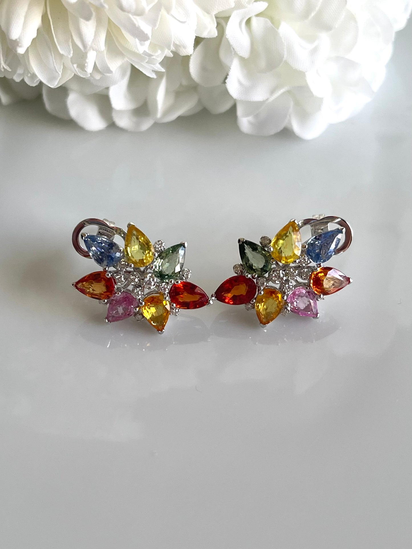 6.75ct Sapphire Diamond Flower Earrings in 14ct white gold