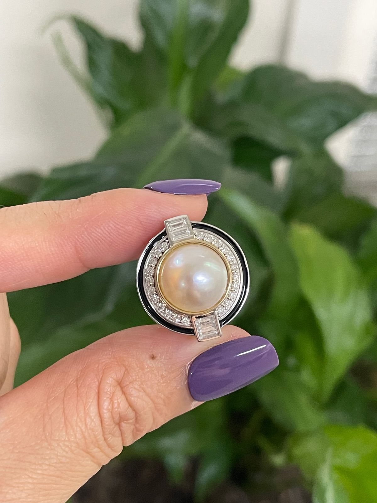 Art Deco Inspired South Sea Mabe Pearl & Diamond Ring with Black Enamel In 14ct White Gold
