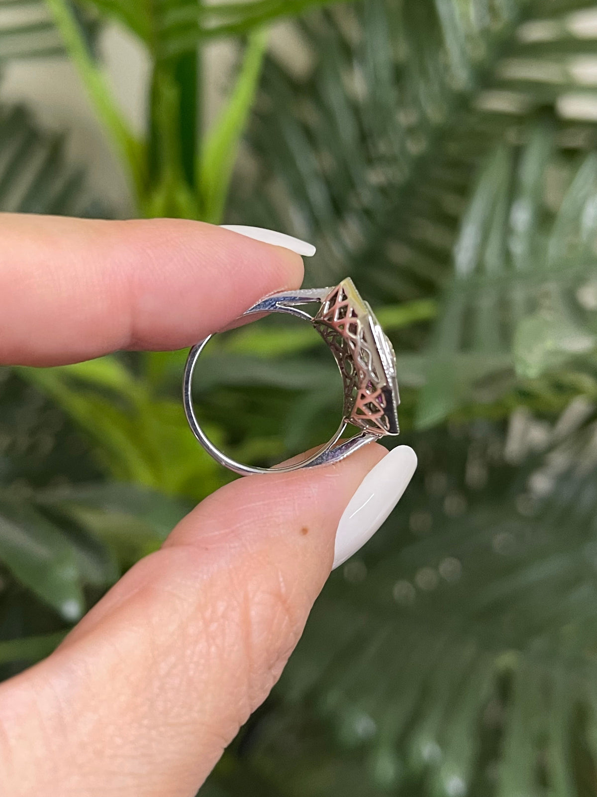 Art Deco Inspired Natural Ruby & Diamond Ring In 14ct White Gold