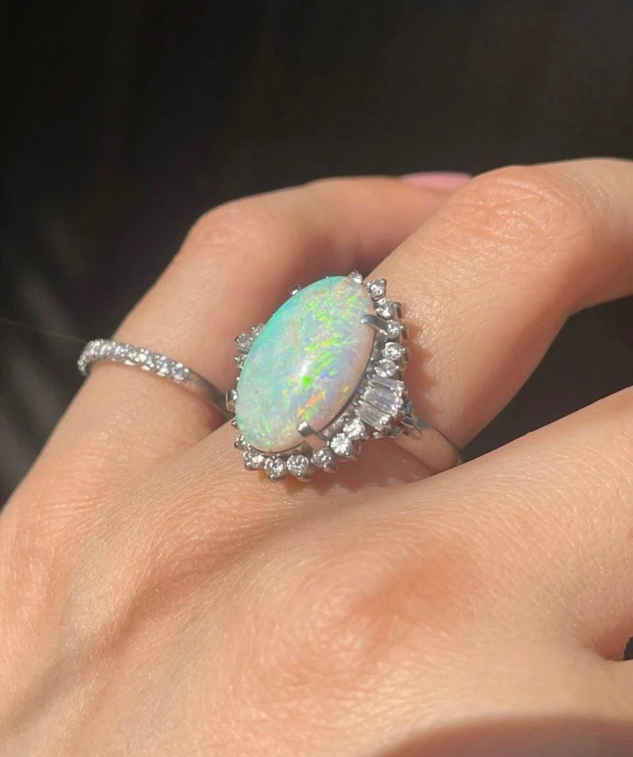 Natural Solid Australian Opal & Diamond Ring In 900 Platinum
