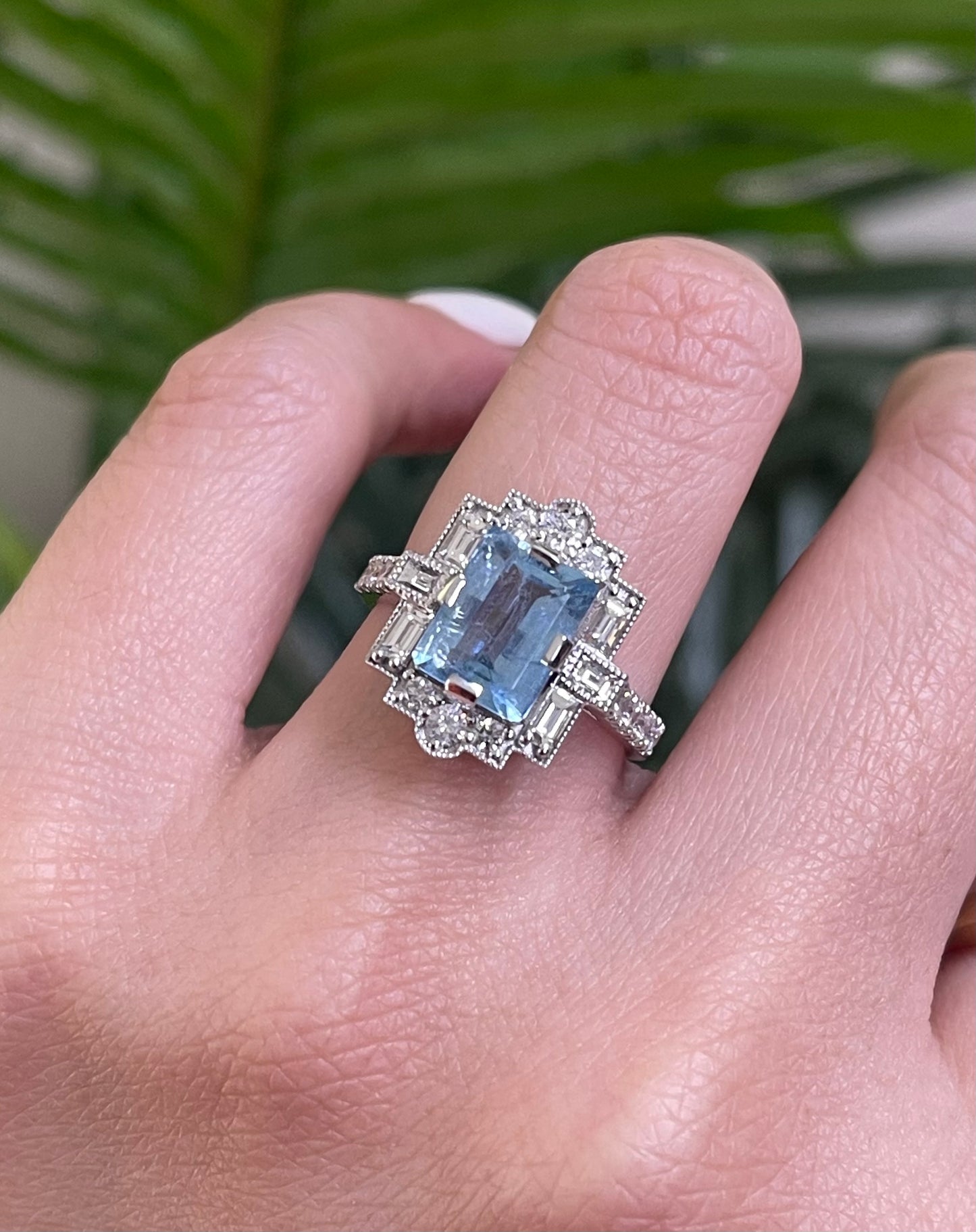 Art Deco Style 1.96ct Natural Aquamarine & Diamond Ring In 14ct White Gold