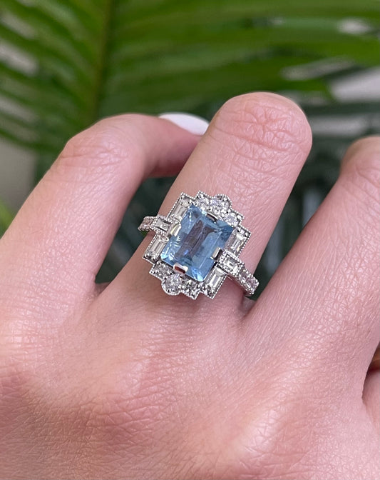 Art Deco Style 1.96ct Natural Aquamarine & Diamond Ring In 14ct White Gold