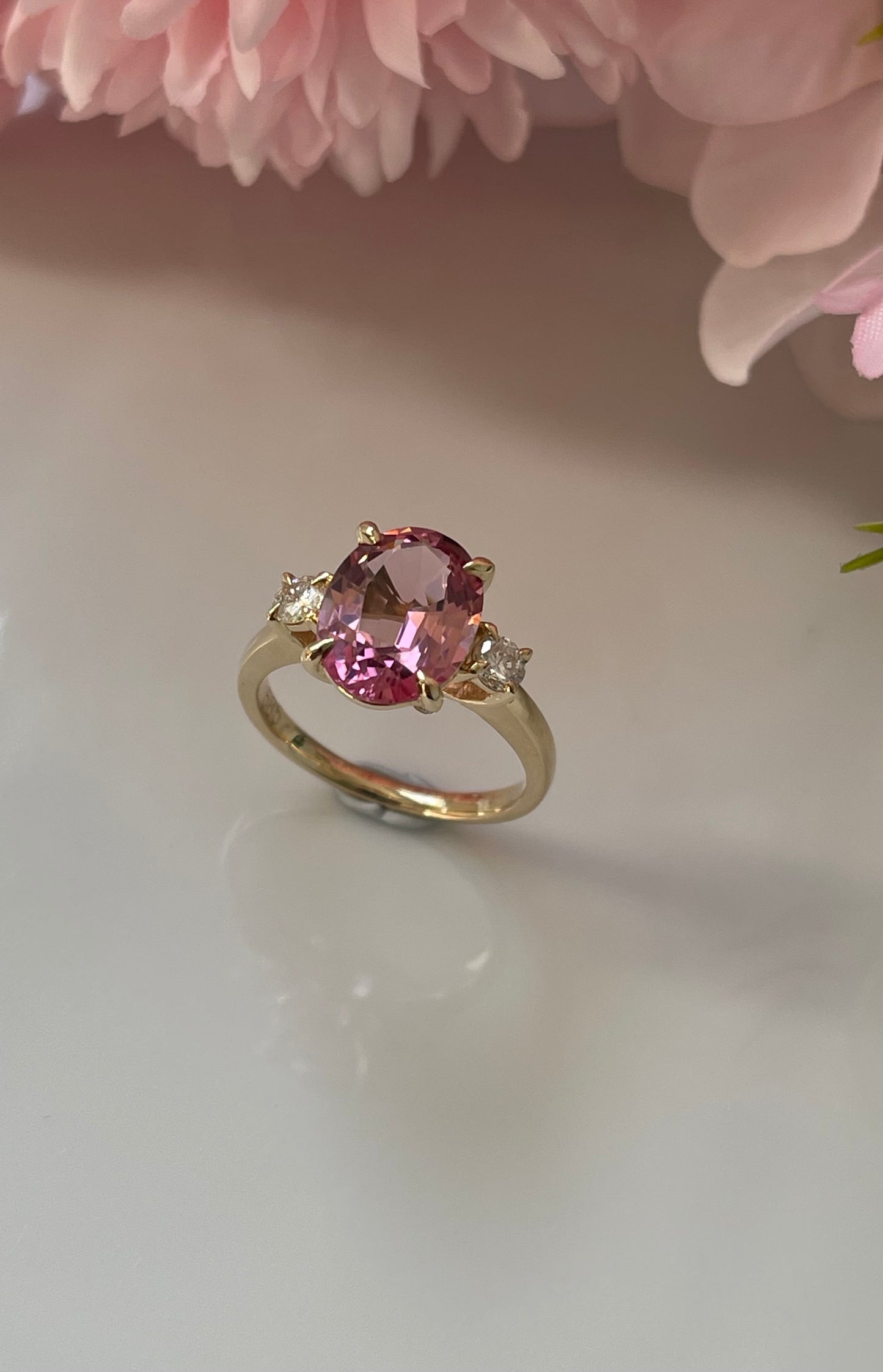 S.E. Custom 3.7ct Pink Tourmaline Diamond Trilogy Ring In 14ct Yellow Gold