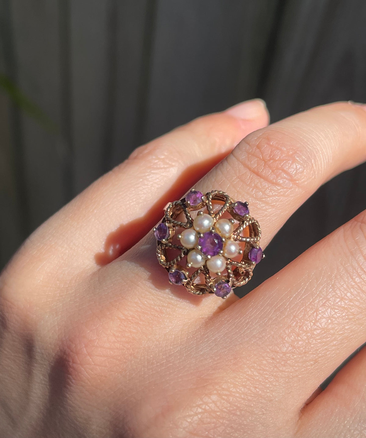 Vintage London 1973 natural purple amethyst seed pearl flower ring in 9ct rose gold