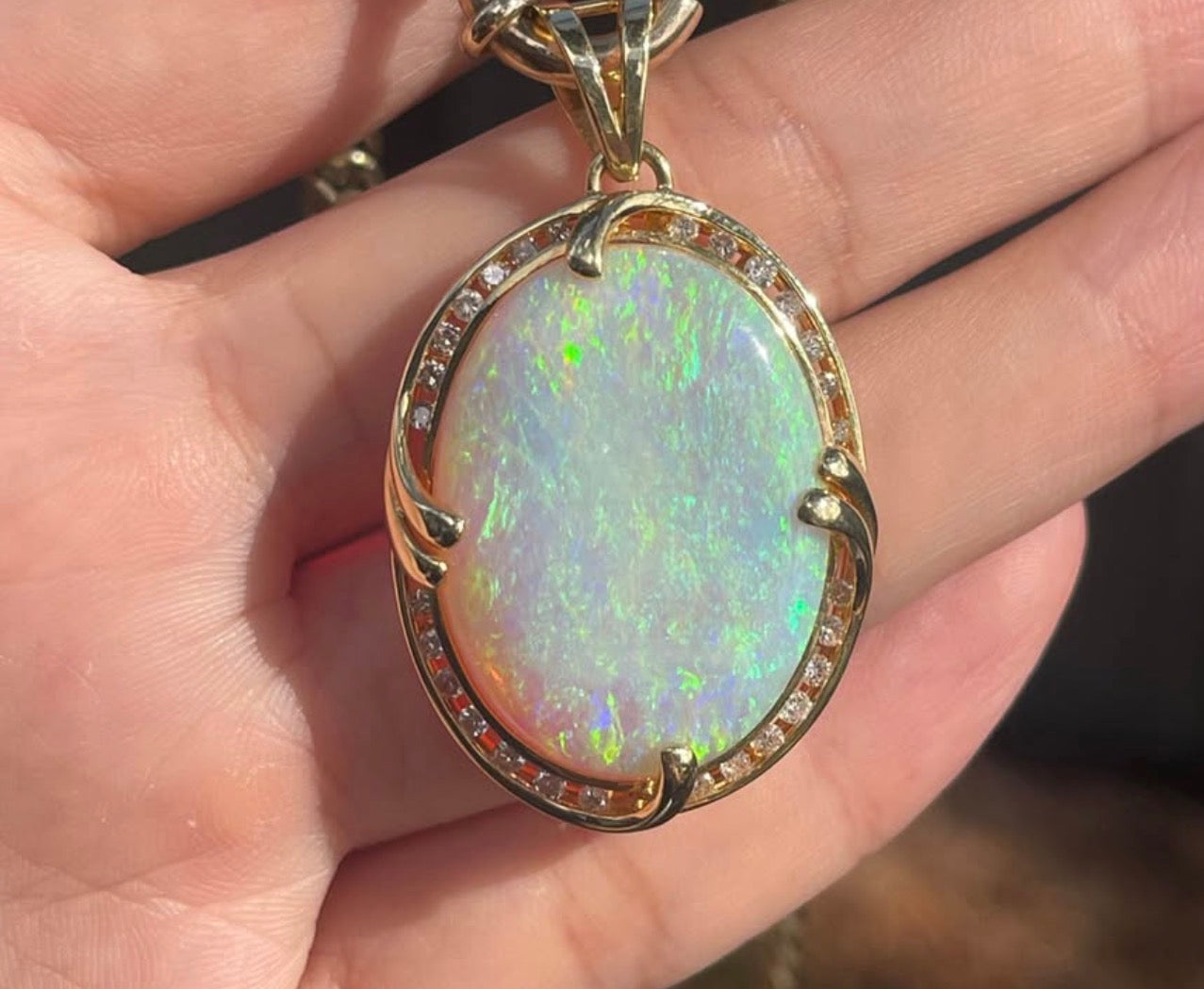 Statement 23.26ct Solid Australian Opal Diamond Pendant In 18ct Yellow Gold