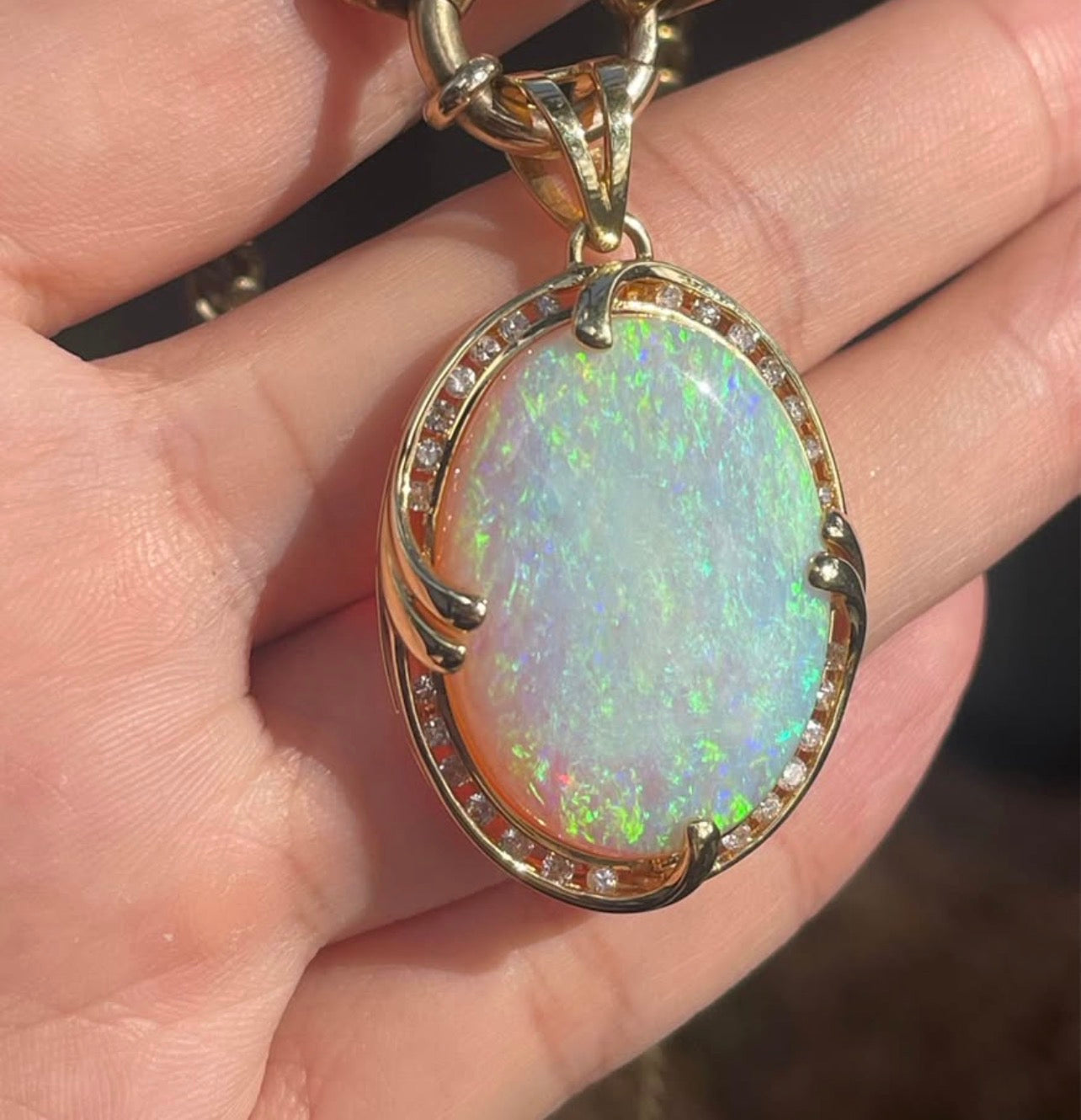 Statement 23.26ct Solid Australian Opal Diamond Pendant In 18ct Yellow Gold