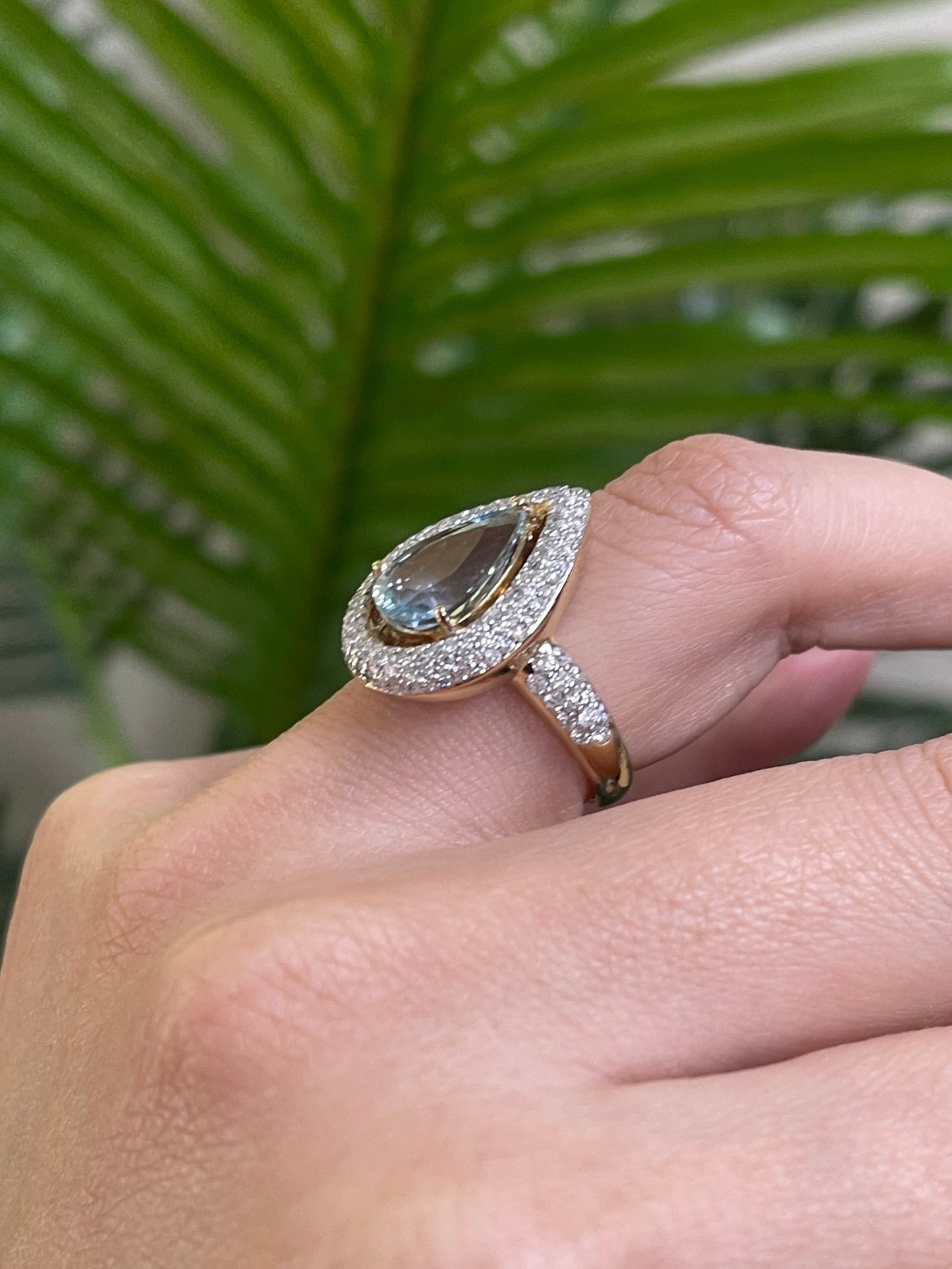 Natural Aquamarine & Diamond Halo Ring In 14ct Yellow Gold