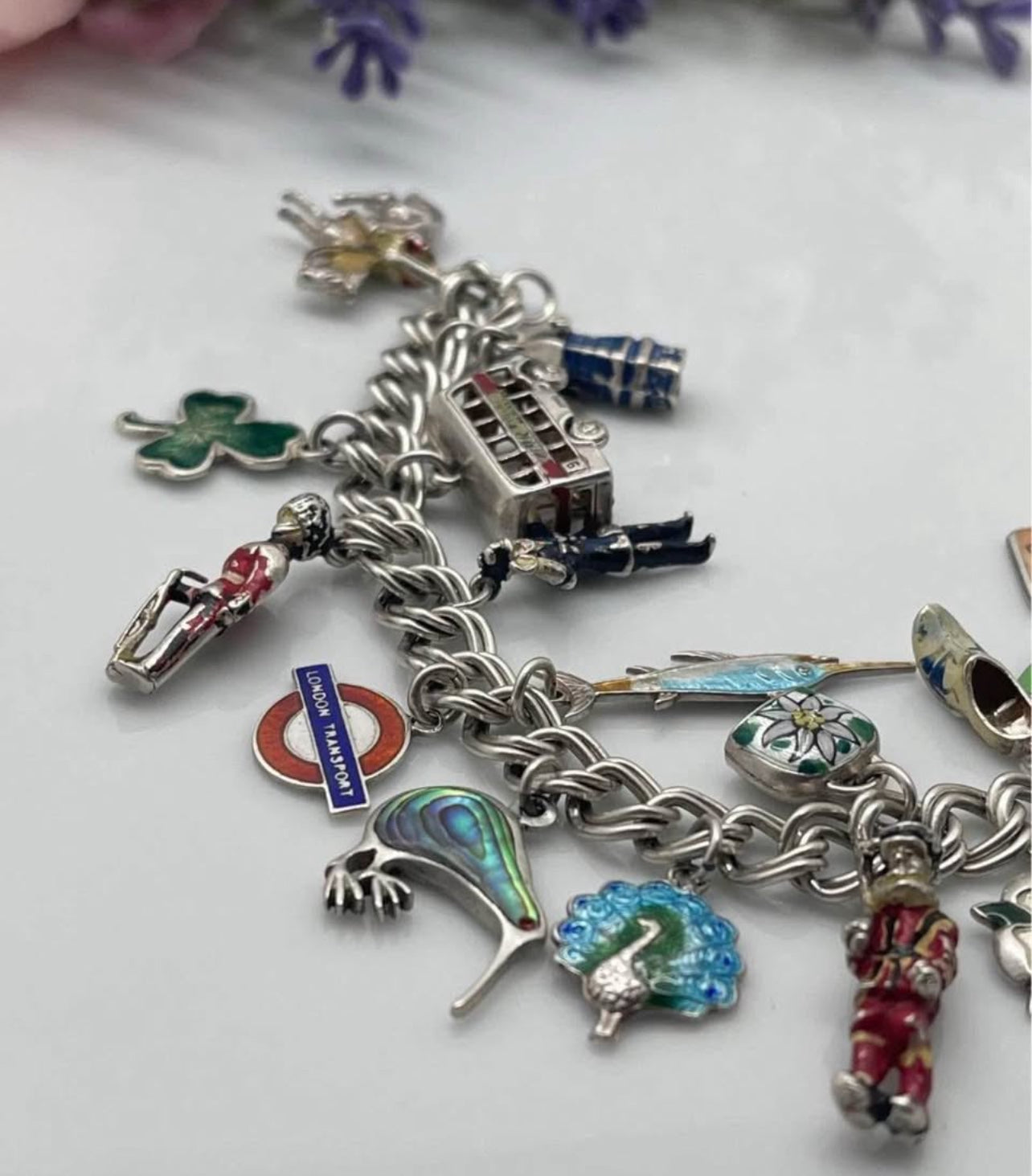42g vintage sterling silver doubel curb link enamel charm bracelets