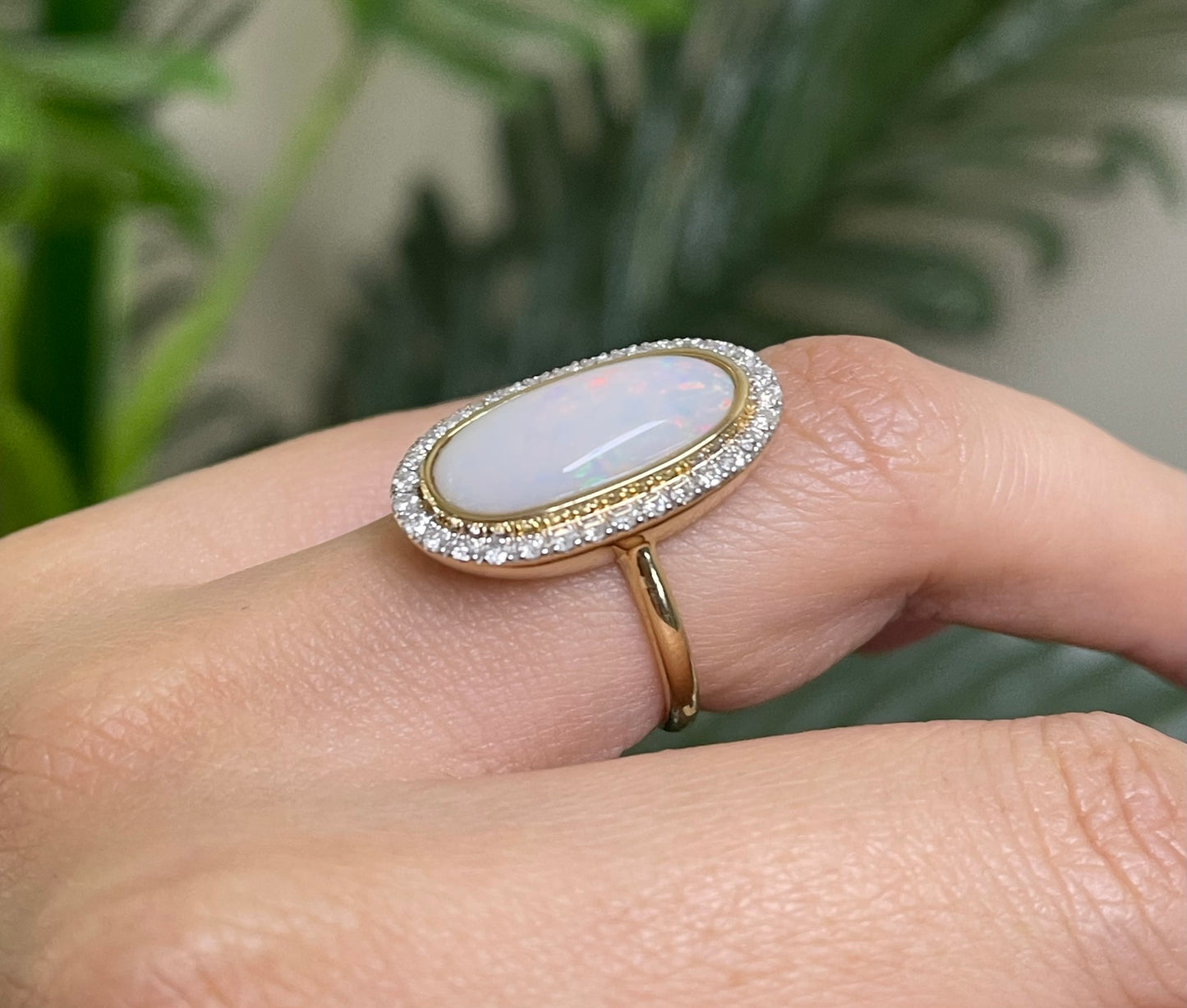 Natural Solid Australian Coober Pedy Crystal Opal & Diamond Halo Ring In 14ct Yellow Gold