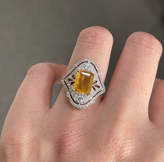 Vintage Style Natural Yellow Sapphire Diamond Ring In 14ct Rose Gold