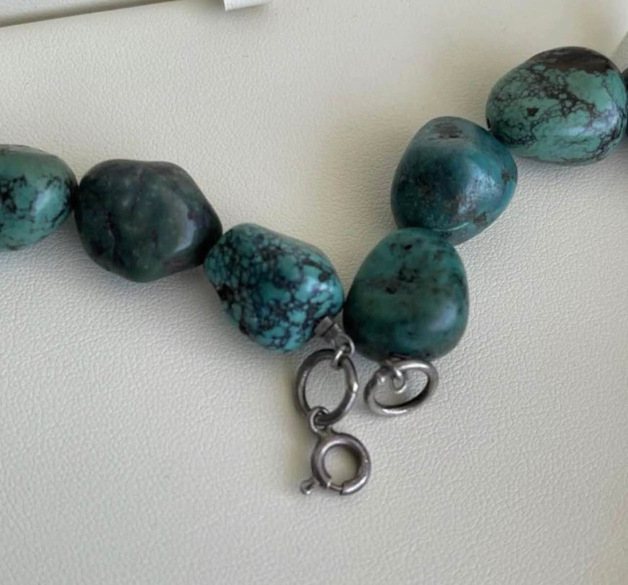 Vintage Large Turquoise Bead Necklace In 925 Sterling Silver Clasp