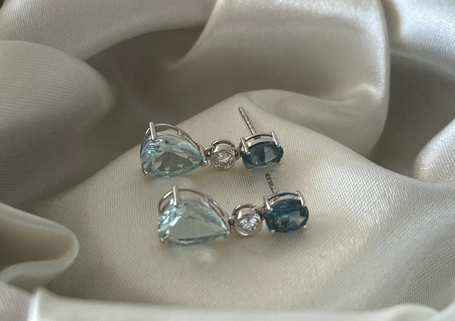 9ct white gold natural aquamarine sapphire diamond drop earrings