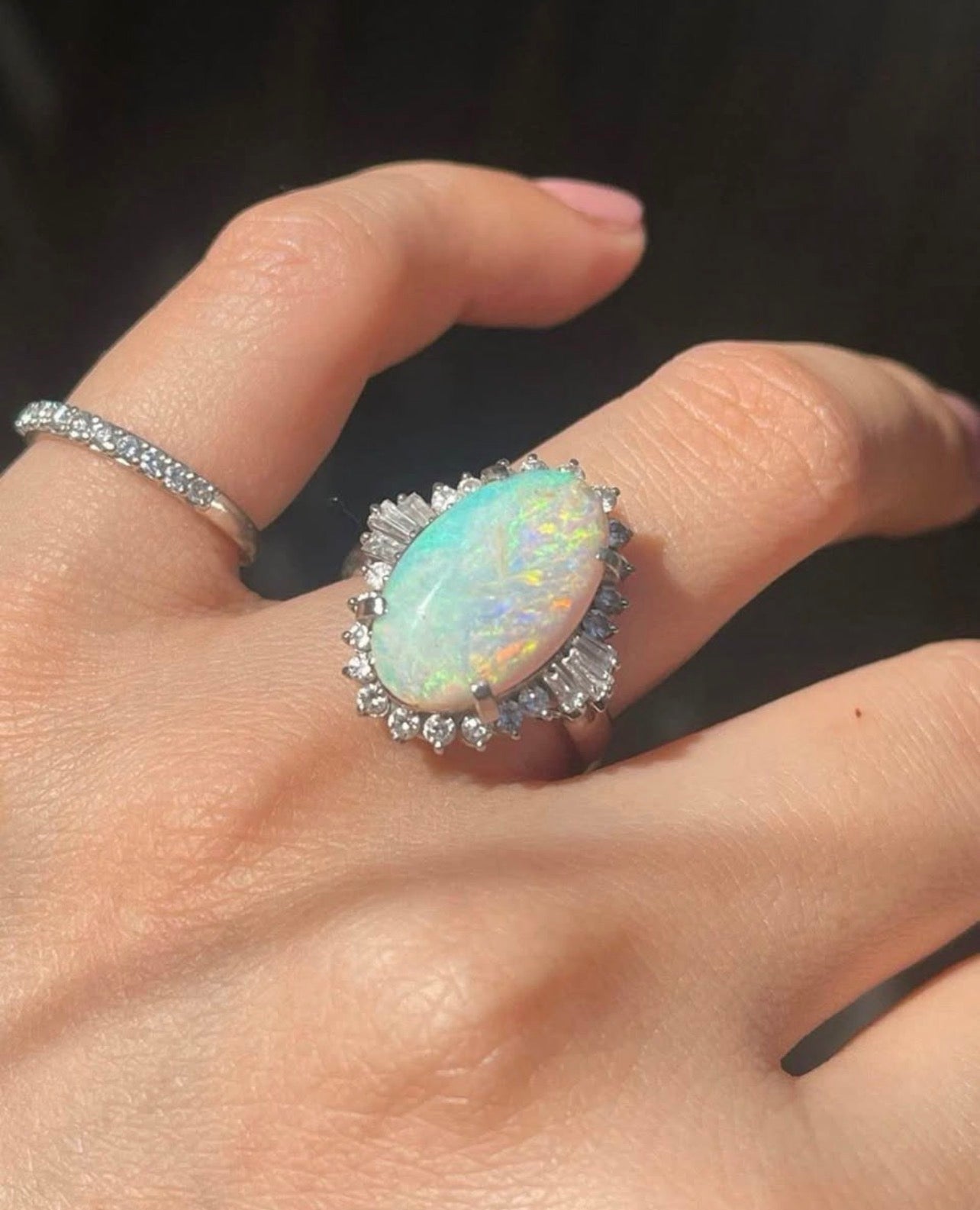 Natural Solid Australian Opal & Diamond Ring In 900 Platinum