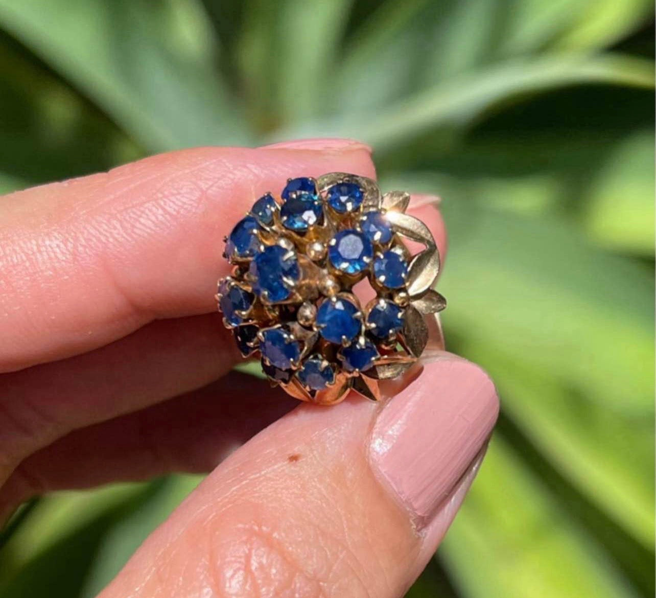 Vintage Triple Halo Natural Blue Sapphire Cluster Ring in 10ct Yellow Gold