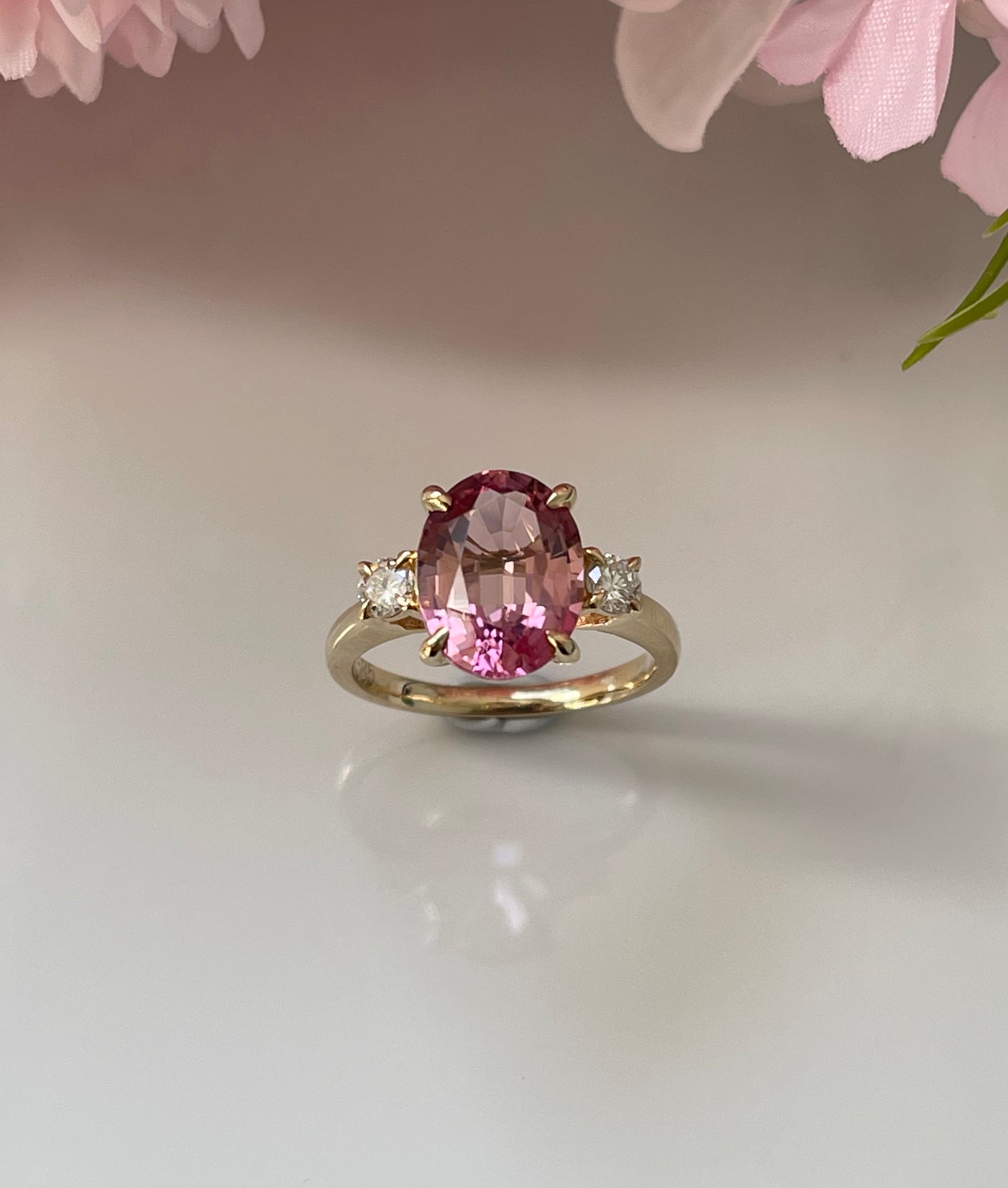 S.E. Custom 3.7ct Pink Tourmaline Diamond Trilogy Ring In 14ct Yellow Gold