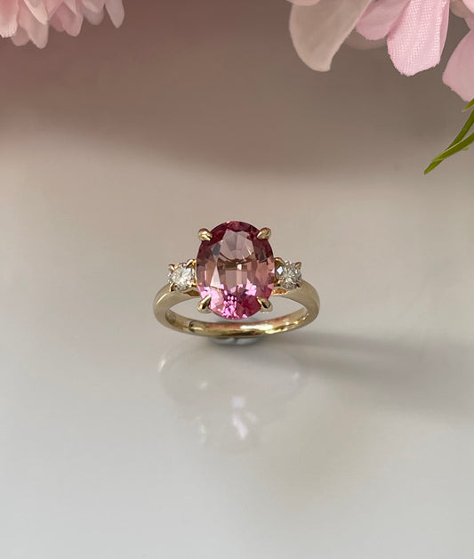 S.E. Custom 3.7ct Natural Pink Tourmaline Diamond Trilogy Ring In 14ct Yellow Gold