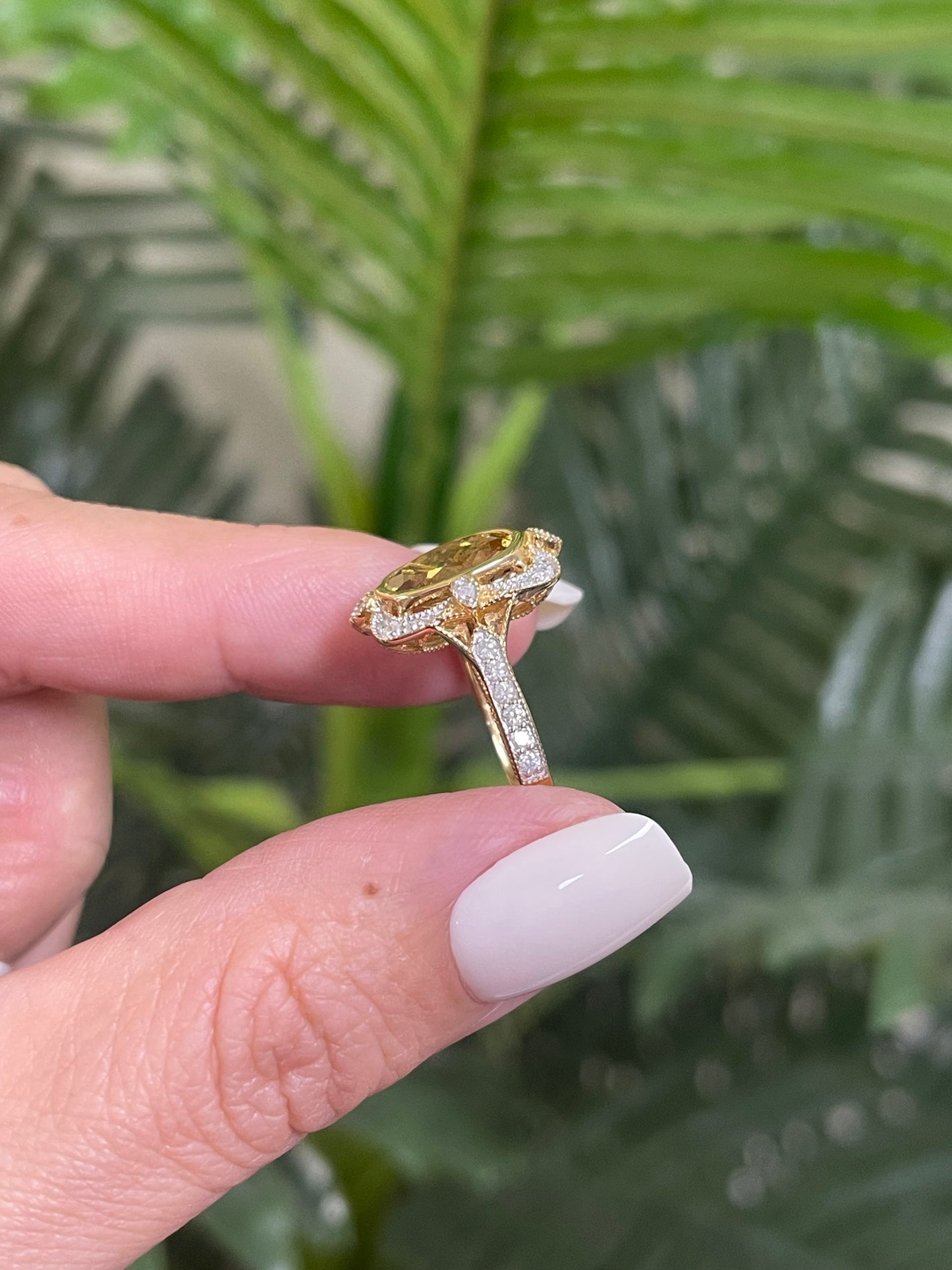 Art Deco Style Natural Heliodor Diamond Ring In 14ct Yellow Gold