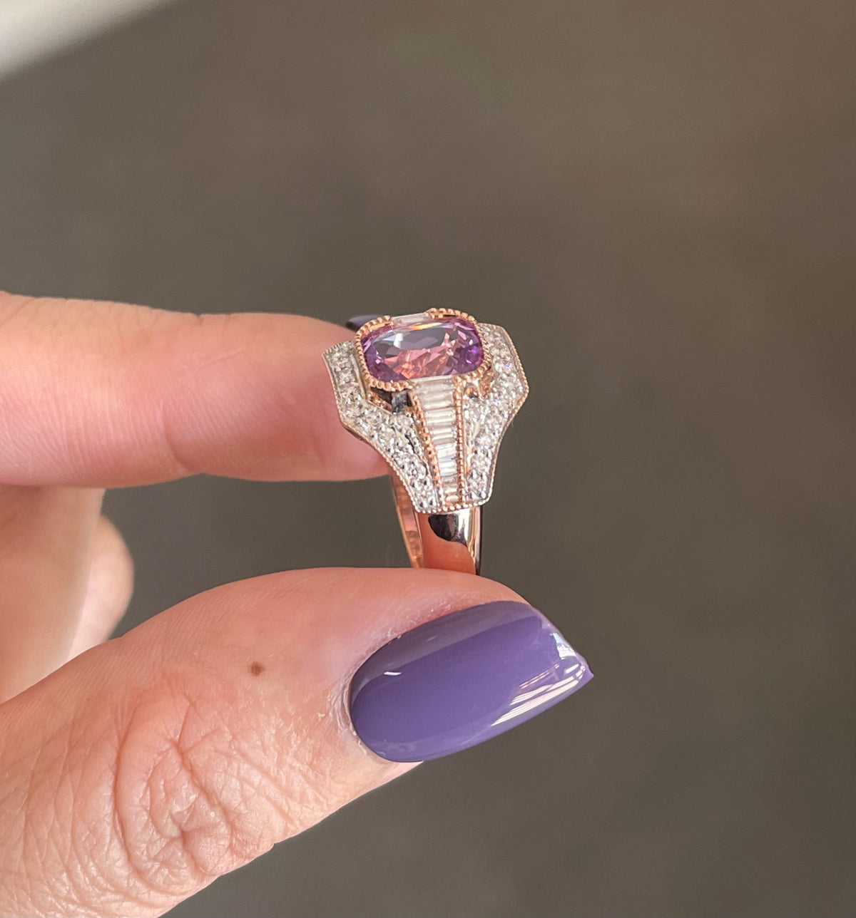 Art Deco Style Natural Pink Ceylon Sapphire Diamond Ring In 14ct Rose Gold