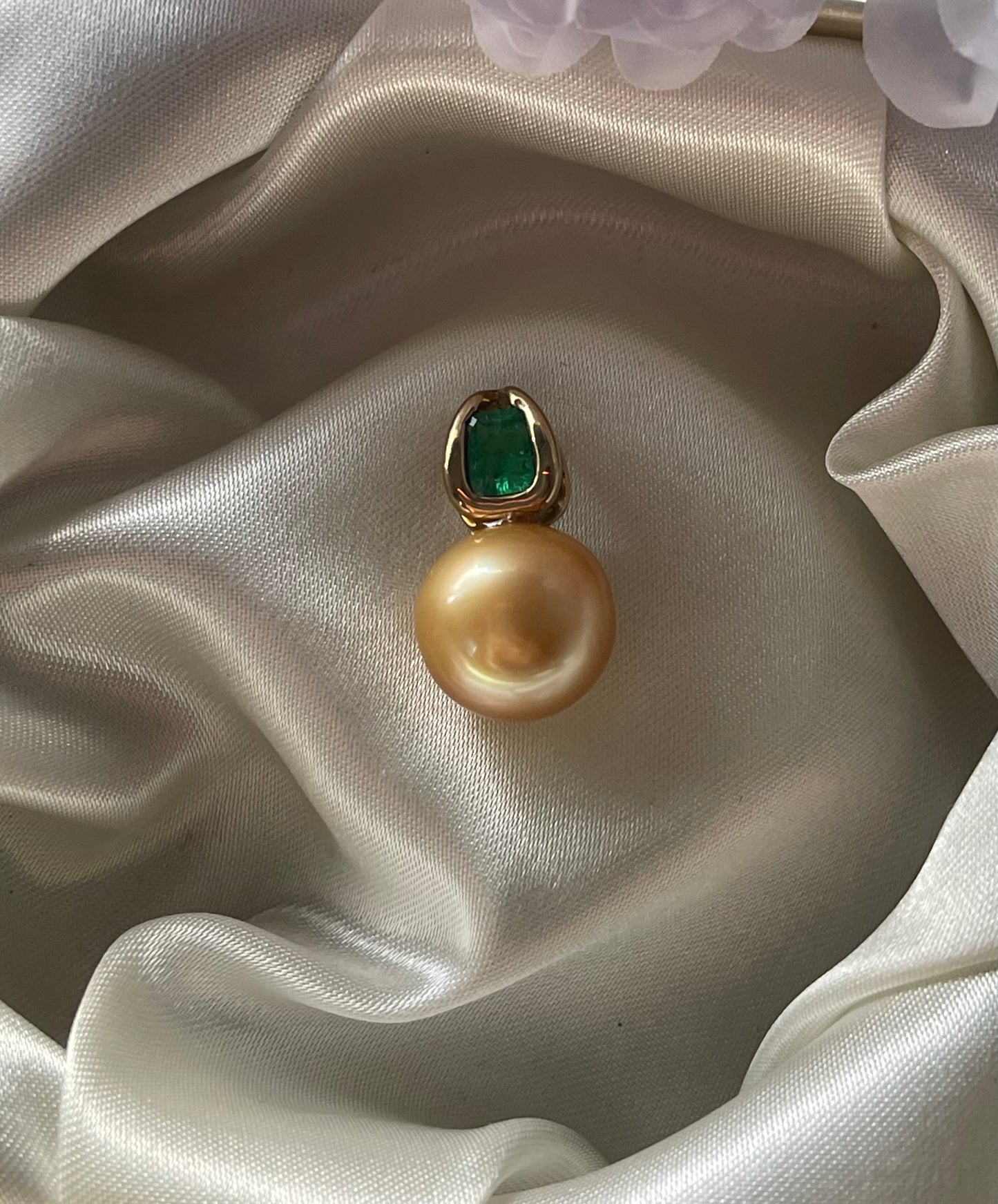 Golden South Sea Pearl Pendant & Emerald In 9ct Yellow Gold