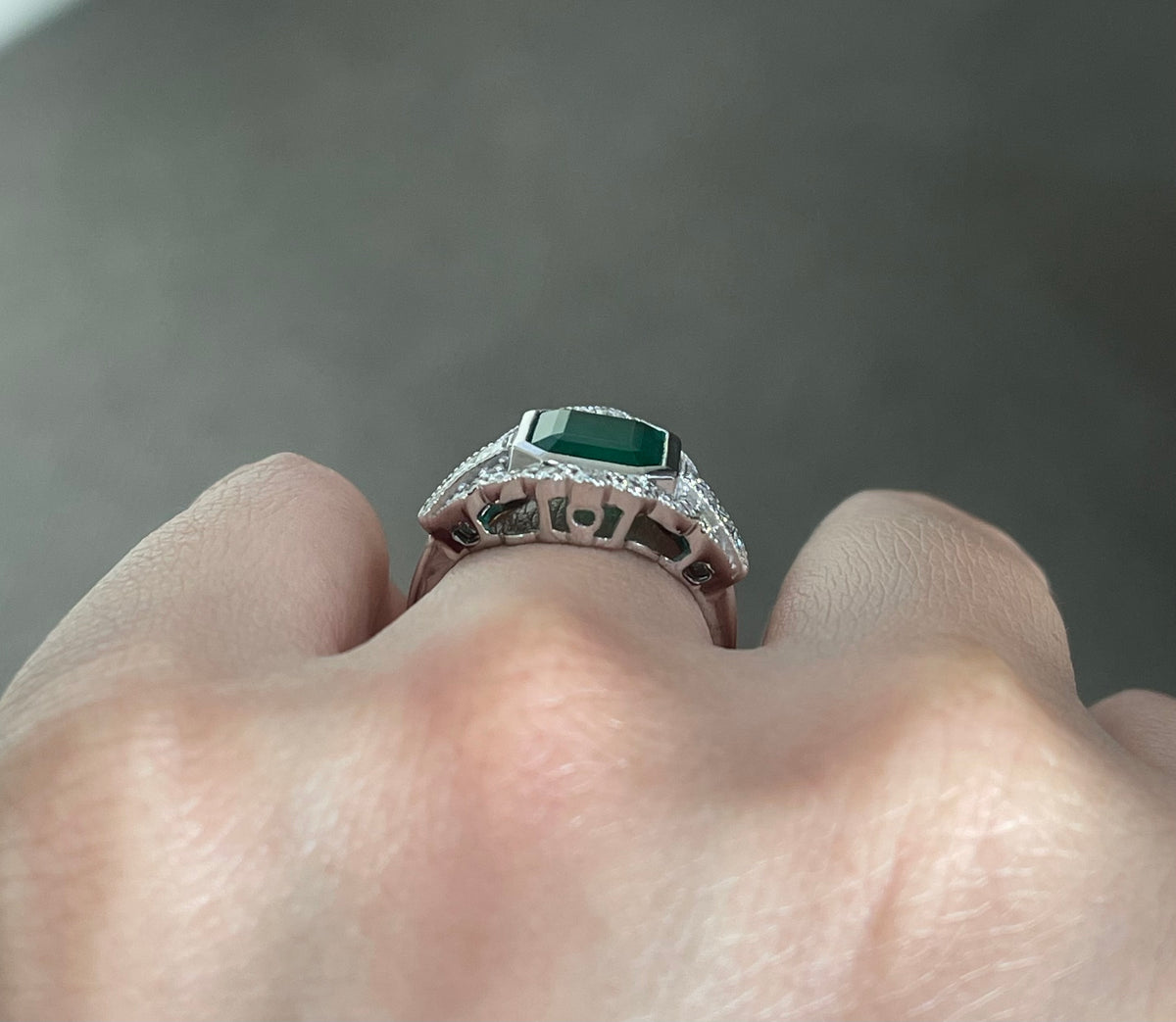 Art Deco Style Natural Emerald Diamond Ring In 14ct White Gold
