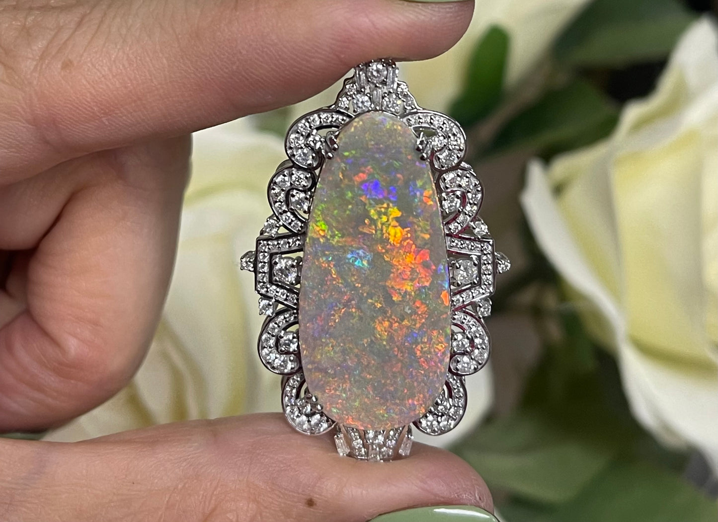 Cosmic Sunset & Galaxy Opal Diamond Pendant In 14ct White Gold
