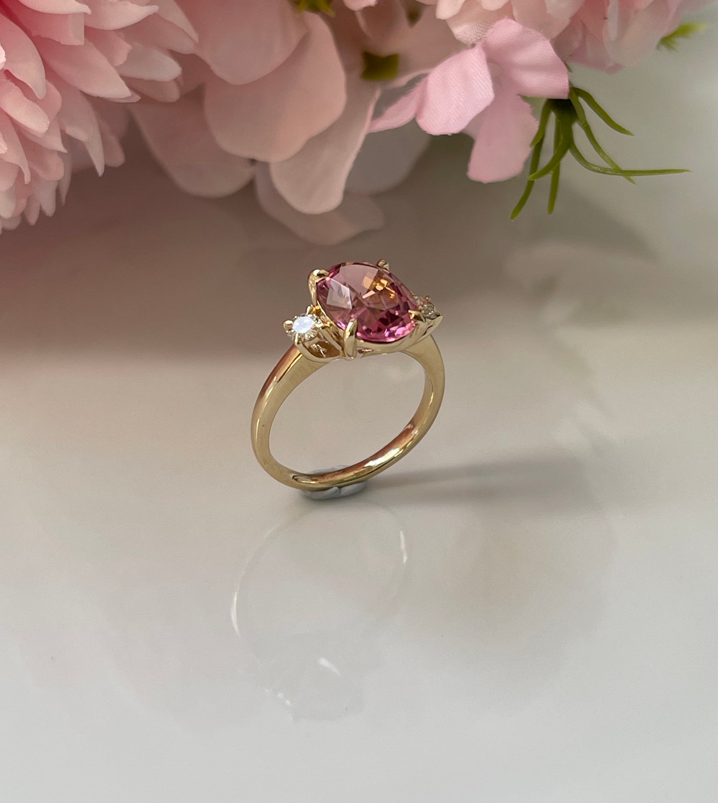 S.E. Custom 3.7ct Pink Tourmaline Diamond Trilogy Ring In 14ct Yellow Gold