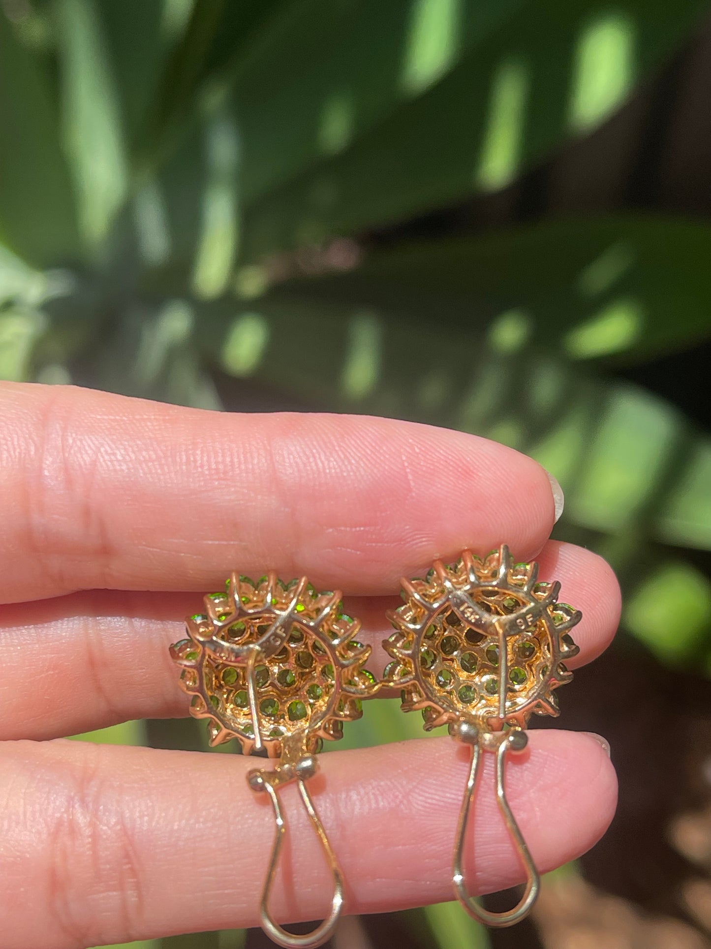 Vintage 14ct rare Tsavorite (green garnet )cluster flower earrings