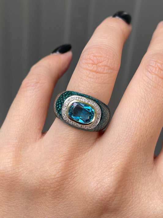 Blue Topaz & Diamond Snakeskin Pattern Enamel Ring in 14ct Yellow Gold