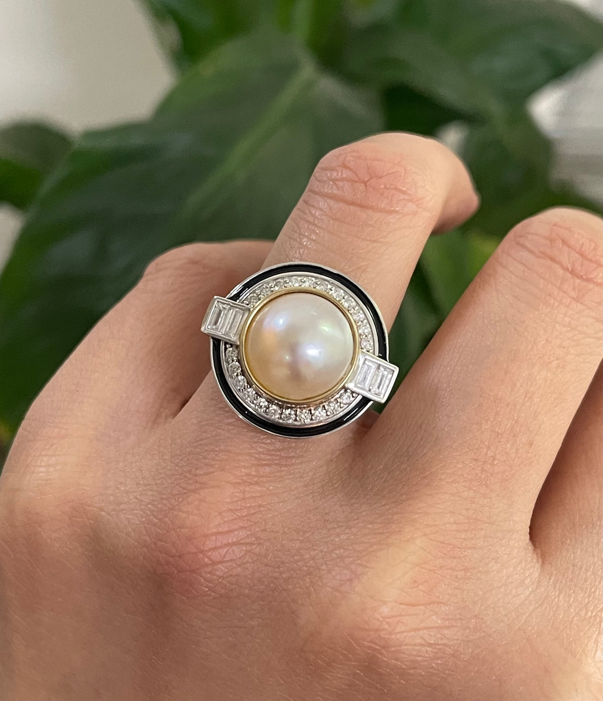 Art Deco Inspired South Sea Mabe Pearl & Diamond Ring with Black Enamel In 14ct White Gold