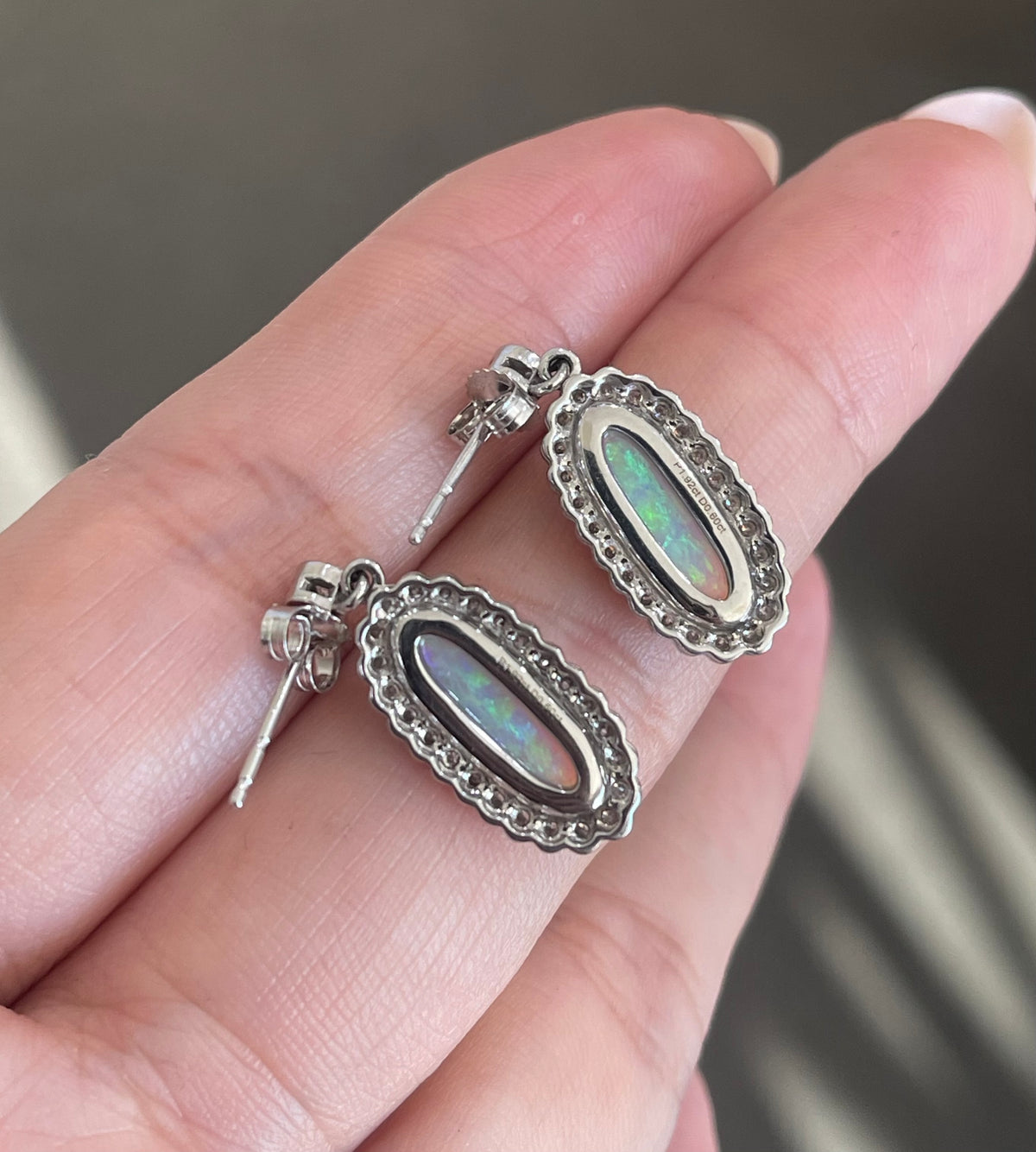 Natural Solid Coober Pedy Opal Diamond Earrings In 14ct White Gold