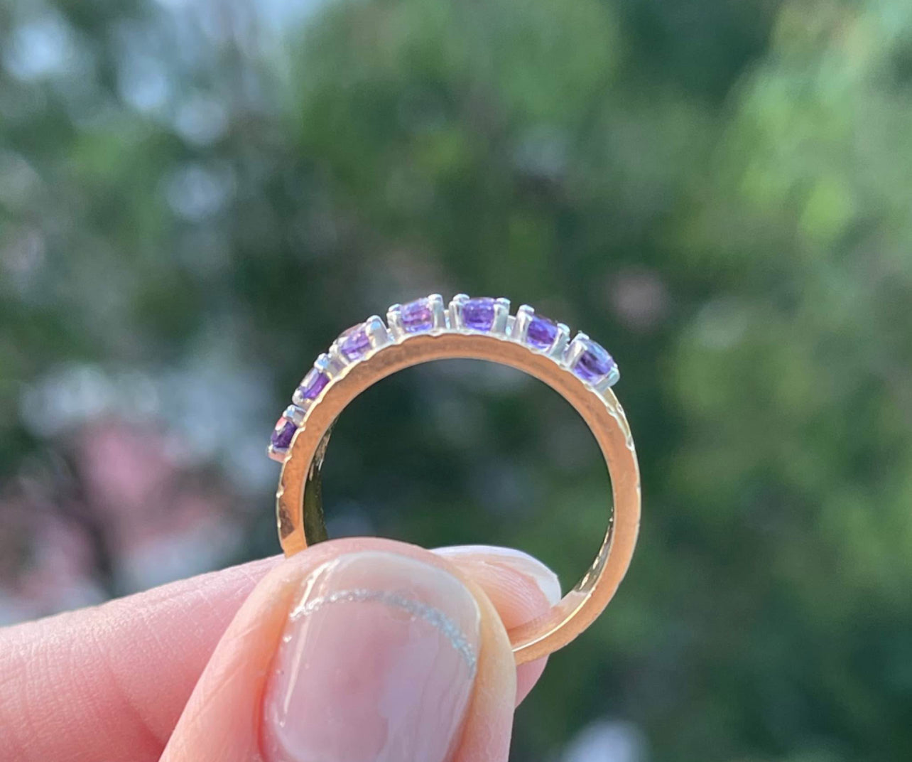Purple Amethyst Diamond Filigree
Wide Band In 14ct Yellow White
Gold