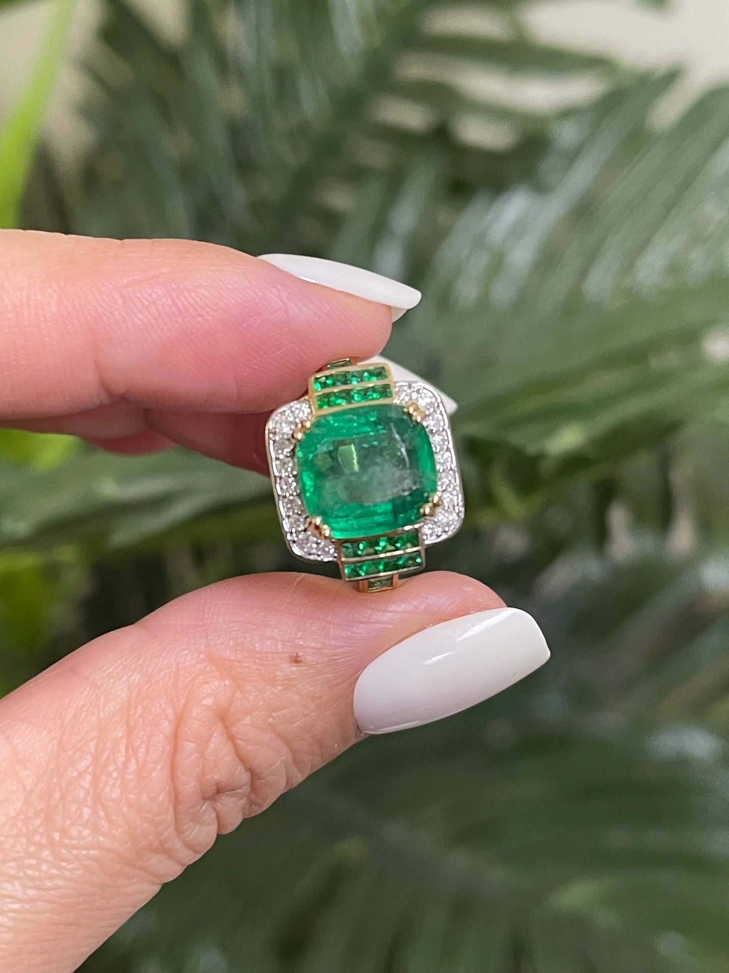 Art Deco Style 5.03ct Natural Emerald & Diamond Ring In 14ct Yellow Gold