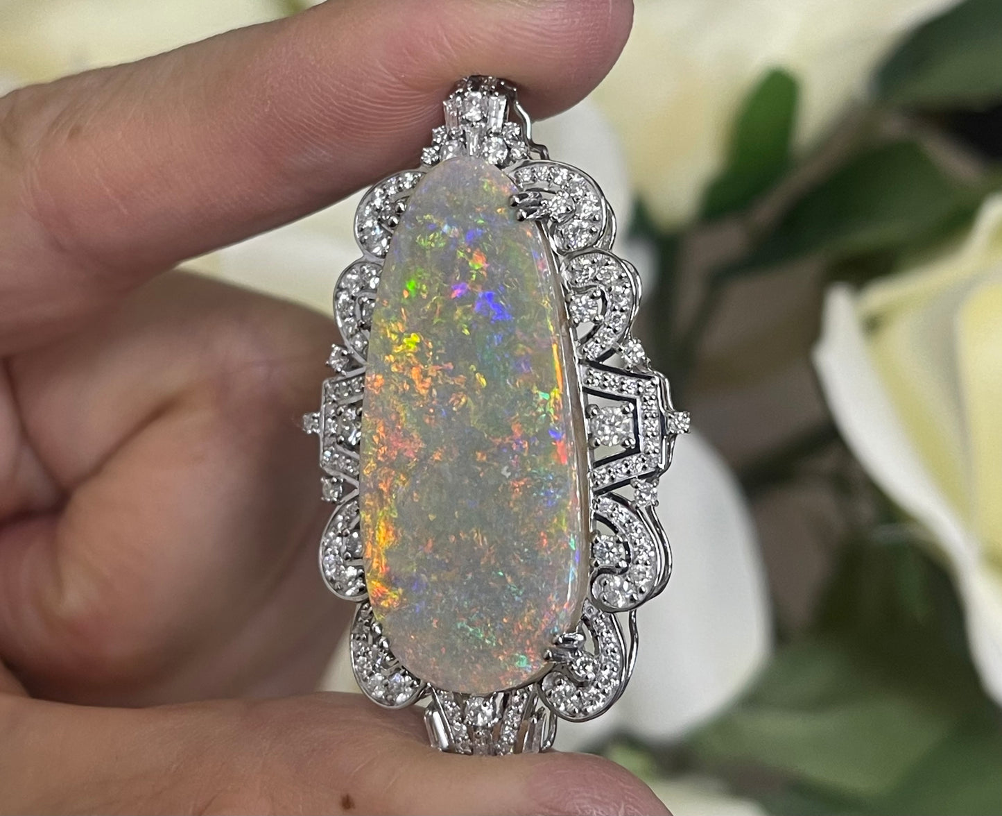 Cosmic Sunset & Galaxy Opal Diamond Pendant In 14ct White Gold