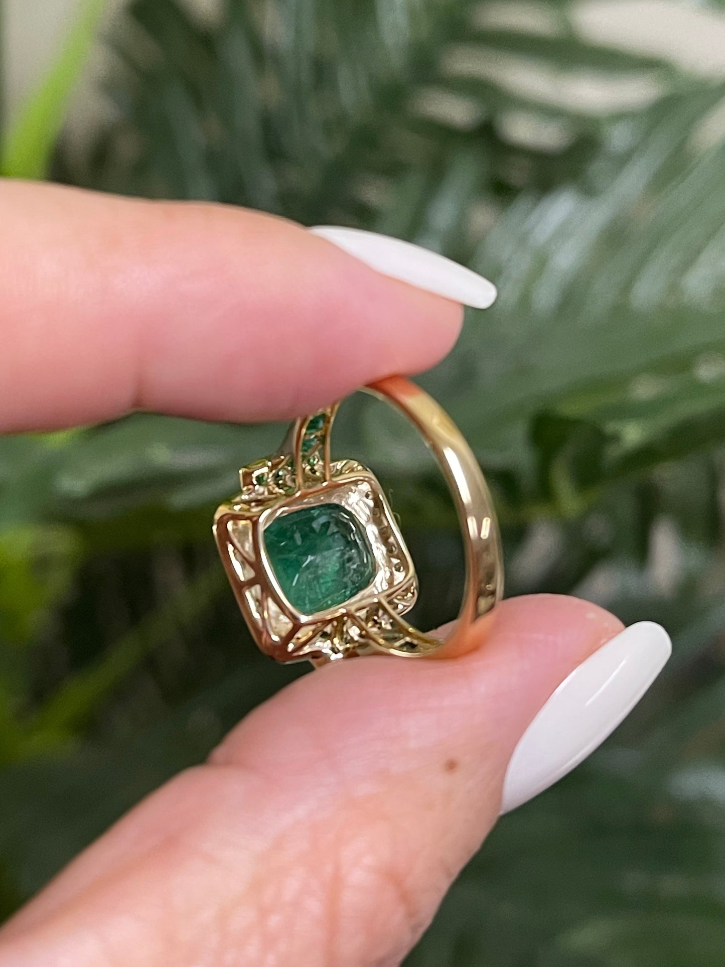 Art Deco Style 5.03ct Natural Emerald & Diamond Ring In 14ct Yellow Gold