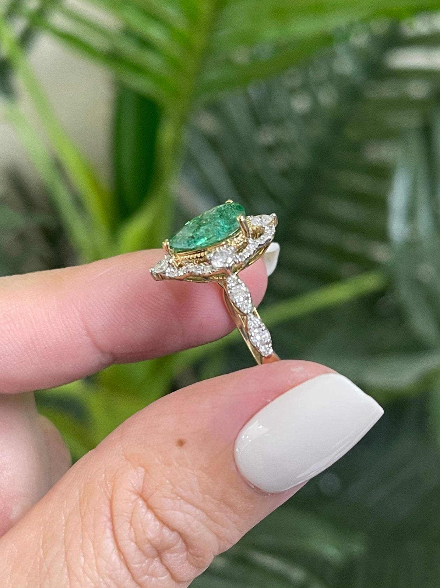 1.35ct Natural Pear Cut Emerald & Diamond Ring In 14ct Yellow Gold