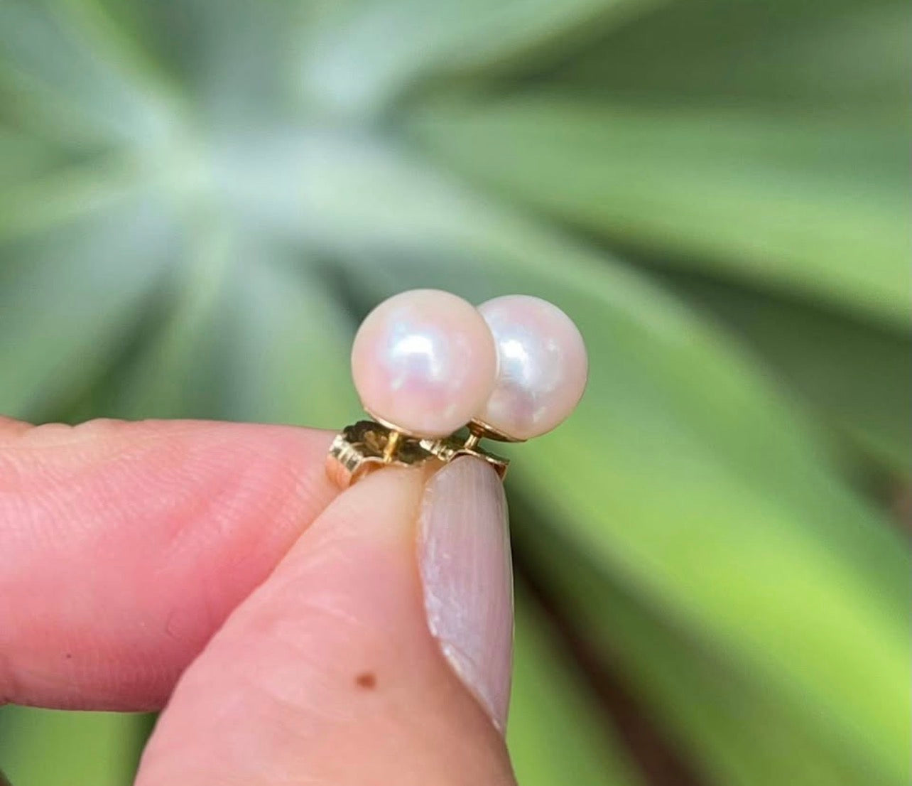 Vintage 14ct yellow gold genuine pink akoya pearl stud earrings