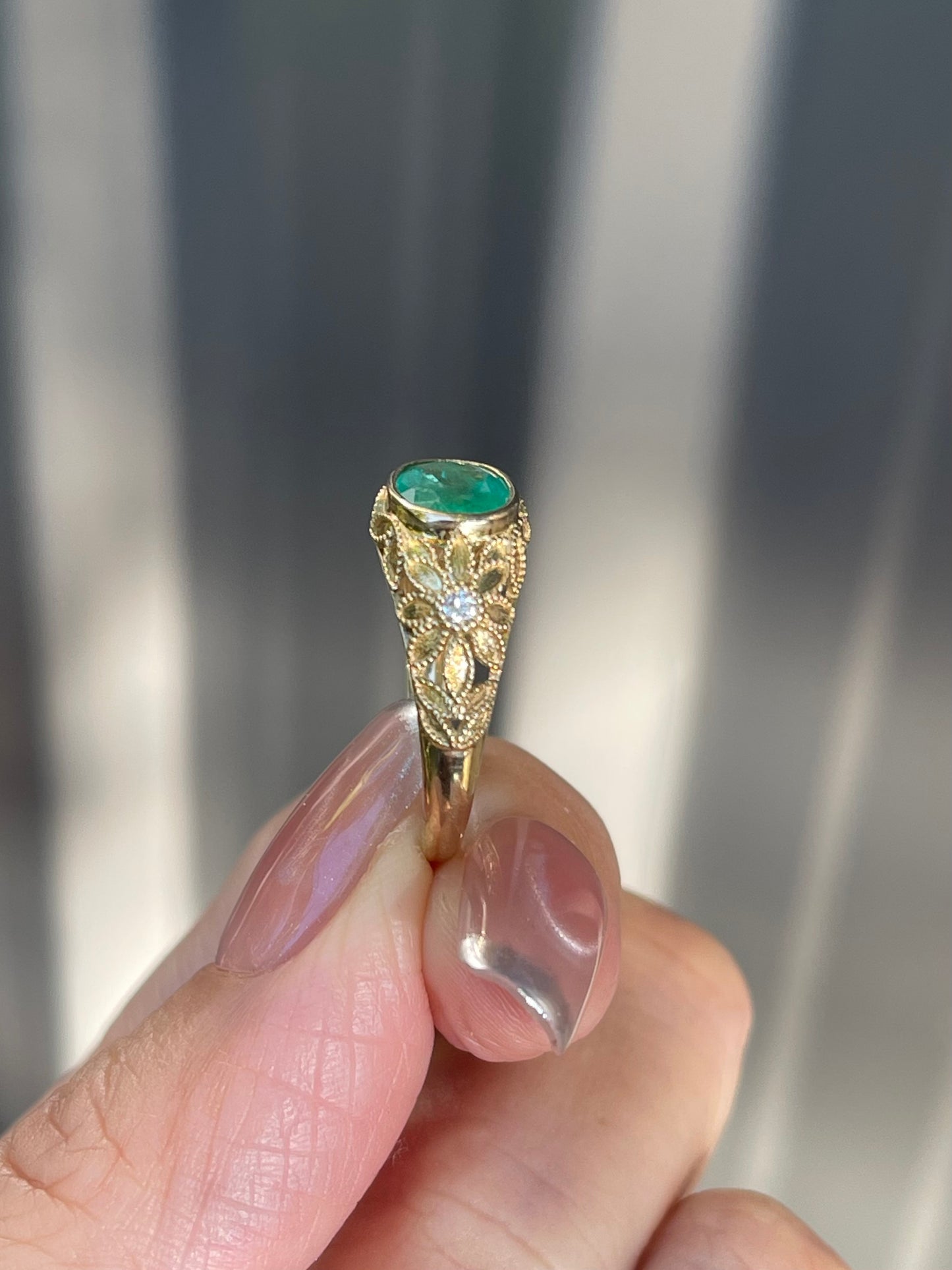 Victorian Inspired 1.35ct Emerald Filigree Ring with diamonds In 9ct Yellow Gold