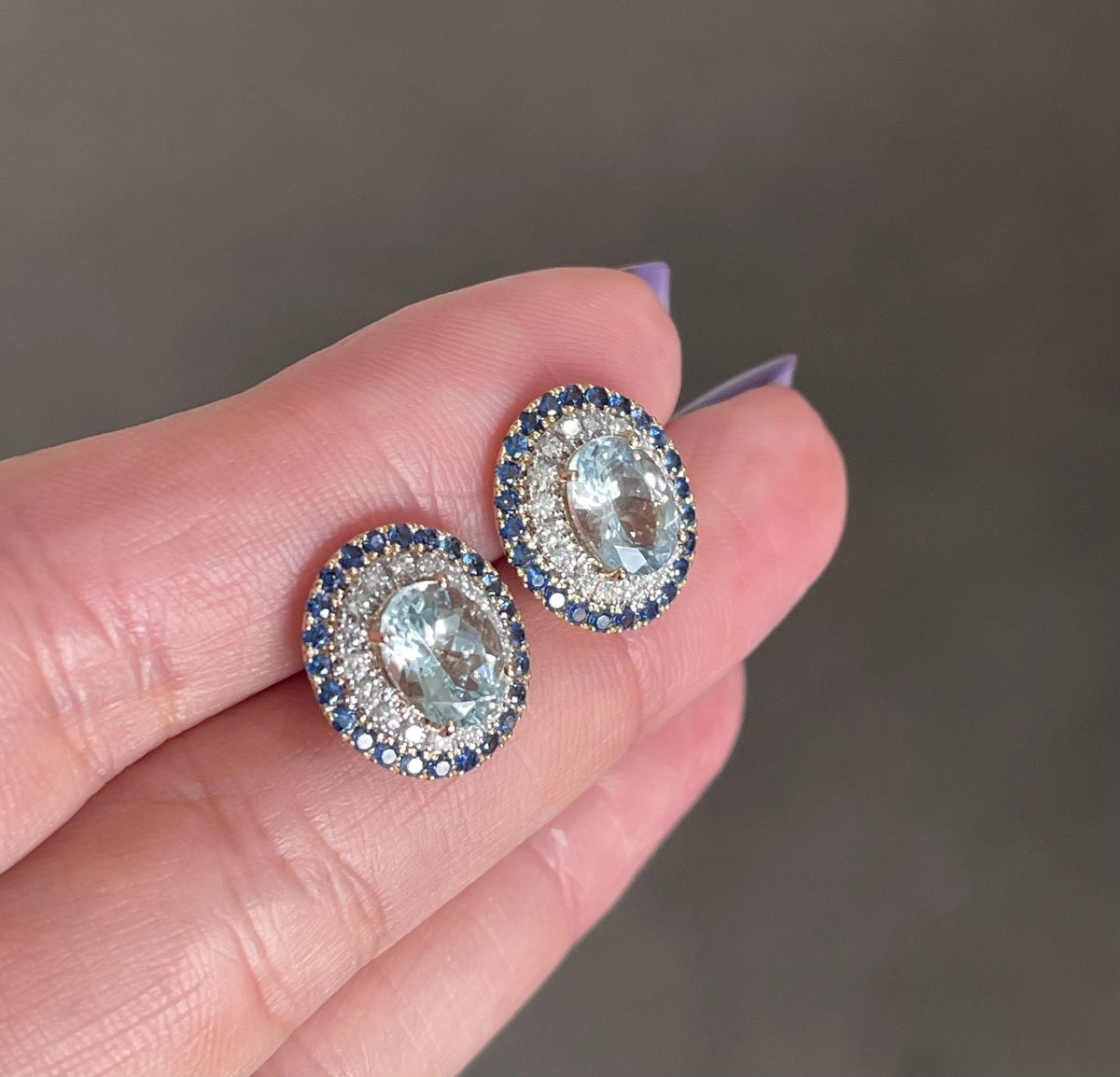Timeless Natural Aquamarine Blue Sapphire Diamond Halo Earring In 14ct Yellow Gold