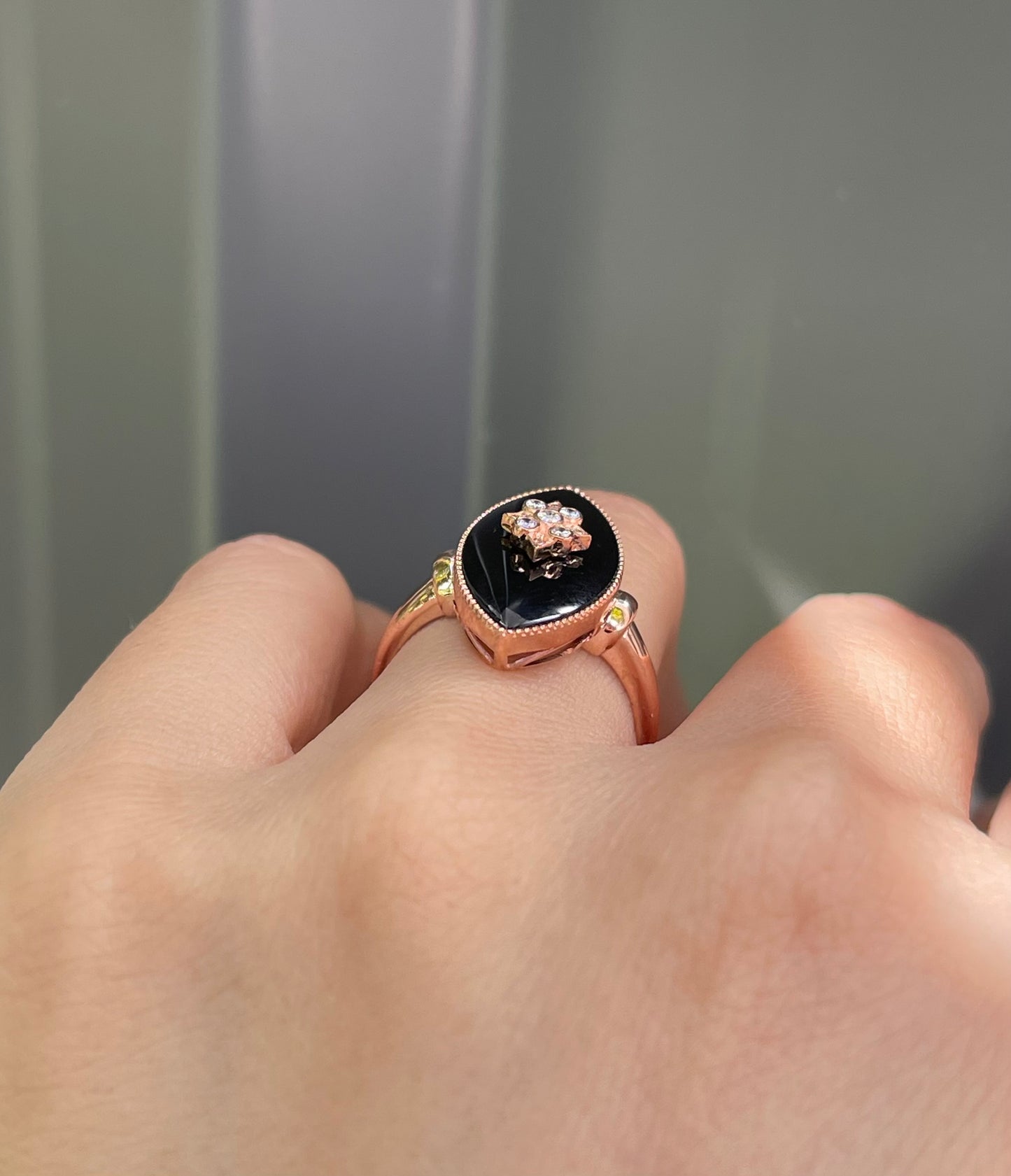 Navette Diamond Flower Pattern Onyx Ring In 9ct Rose Gold
