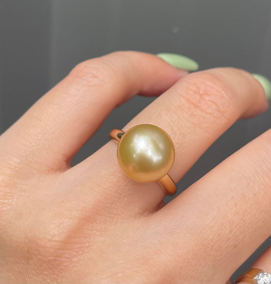 Golden South Sea Pearl Ring With Diamond In 9ct Yellow Gold
