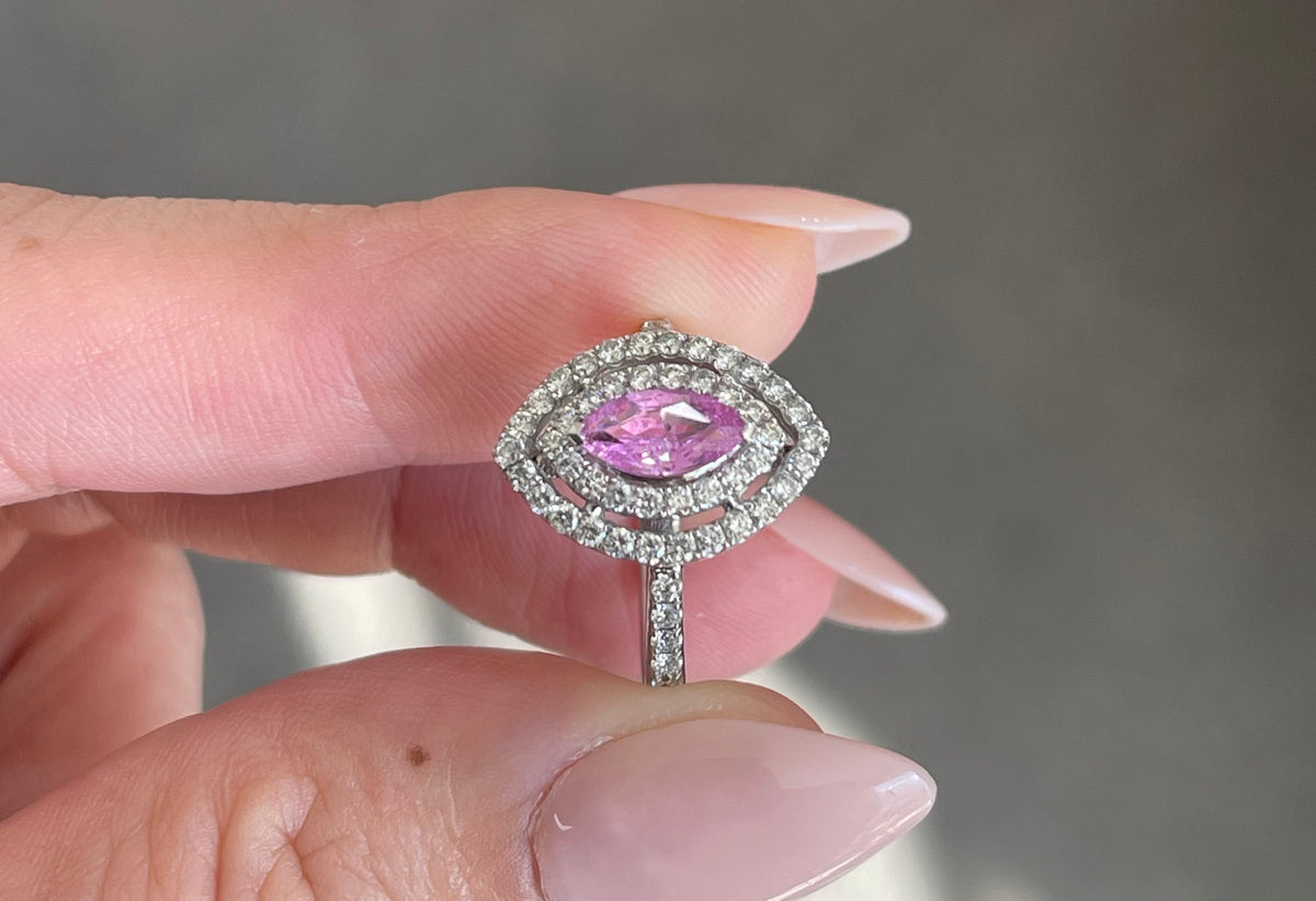 Natural Pink Sapphire Diamond Double Halo Ring In 14ct White Gold