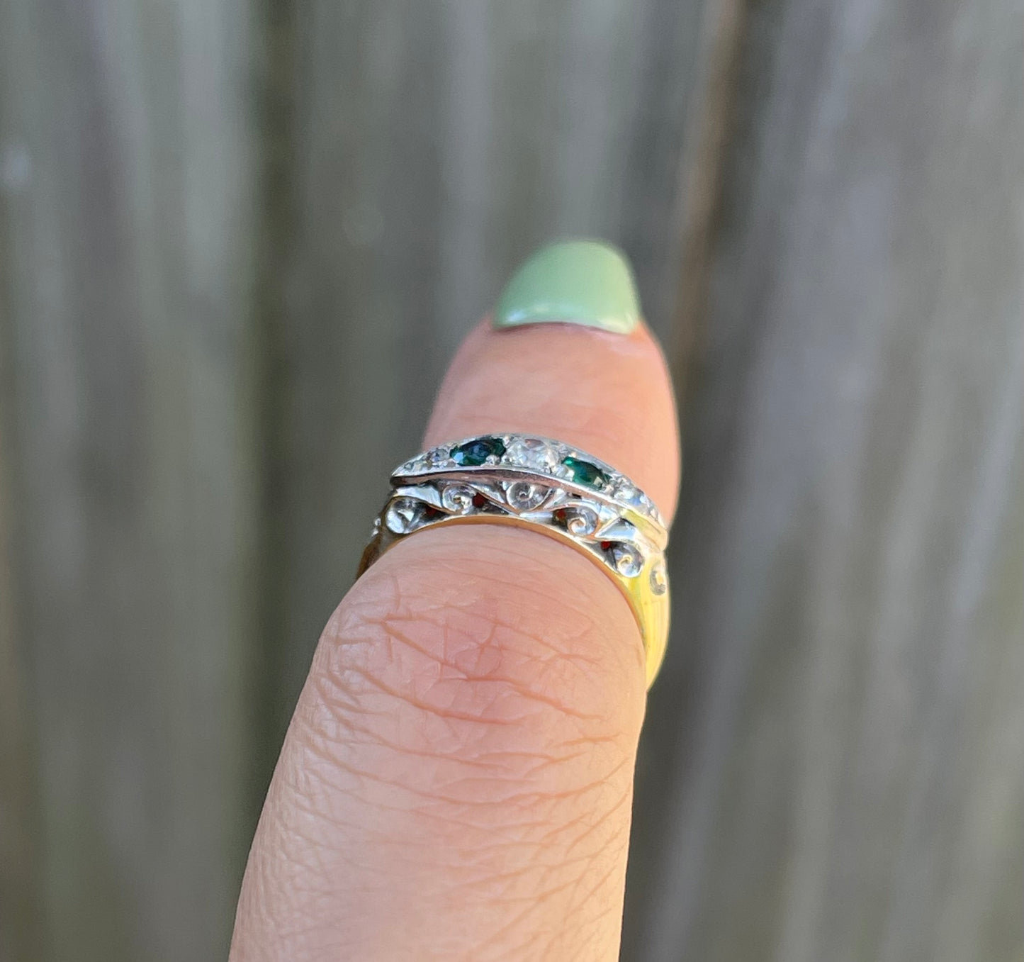 UK Antique Natural Emerald & Old Cut Diamond Ring In 18ct Yellow Gold