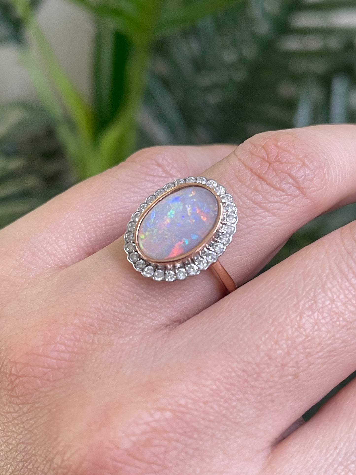 Natural Solid Australian Andamooka Opal & Diamond Ring In 14ct Rose & White Gold