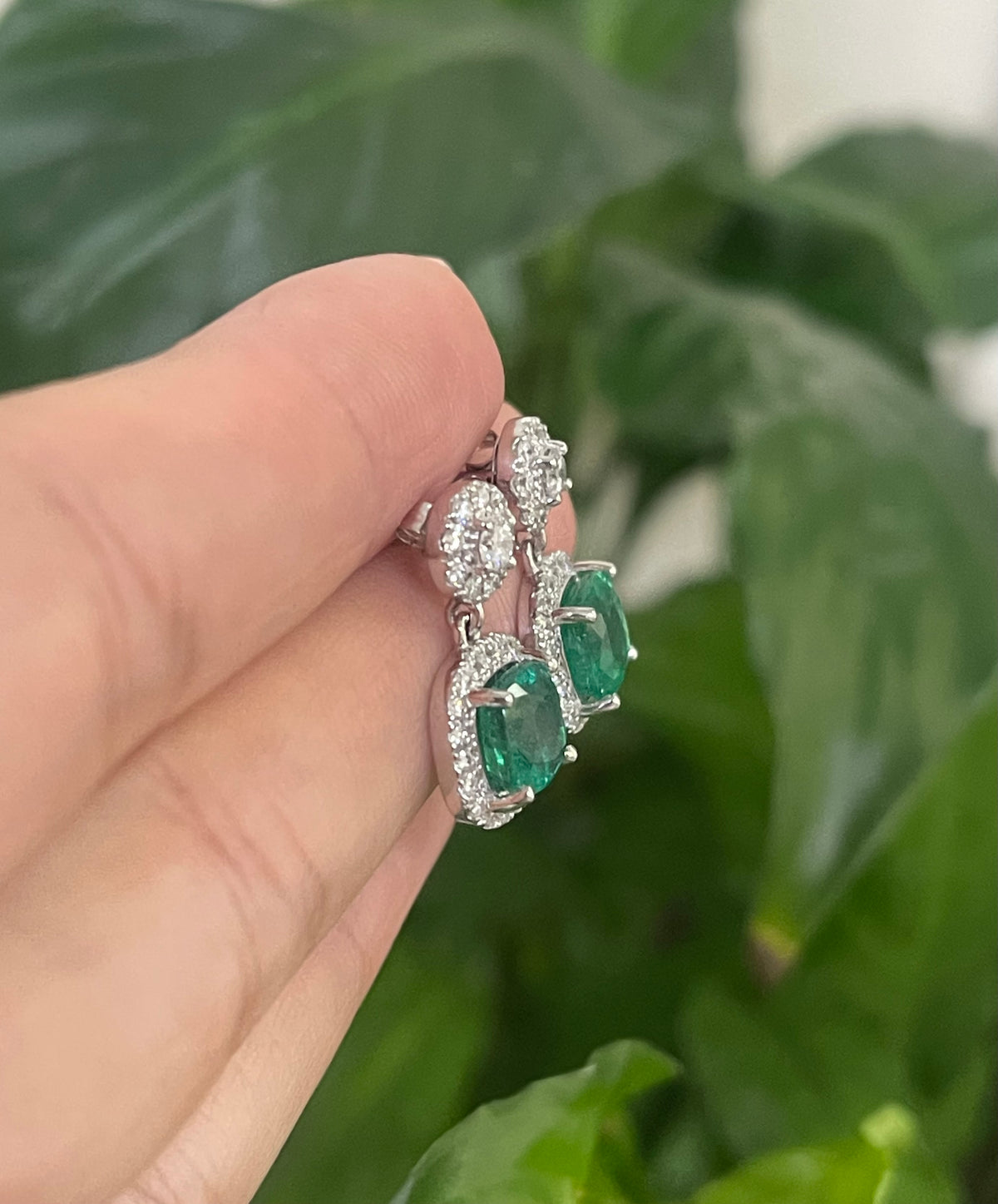 3.02ct Natural Emerald Diamond Drop Earrings In 14ct White Gold