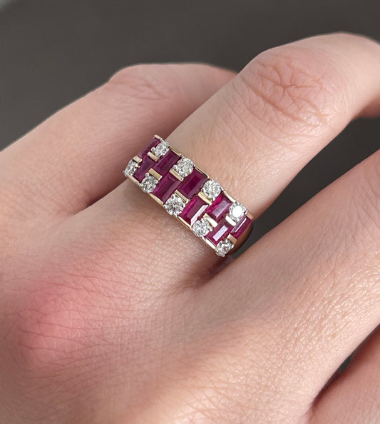 Natural Ruby Diamond Geometric Ring In 14ct Yellow Gold