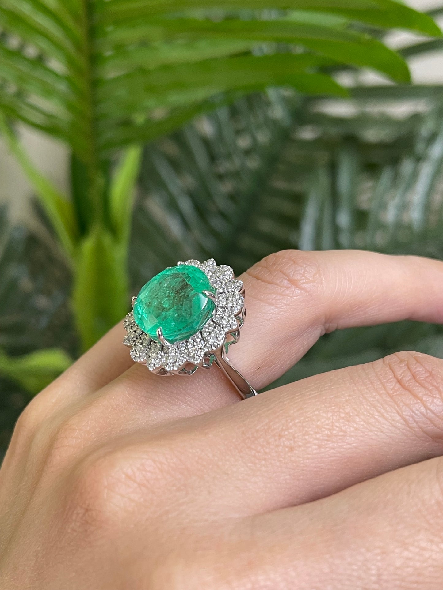 10.6ct Natural Colombian Emerald & 2.28ct Natural Diamond Flower Ring In 14ct White Gold